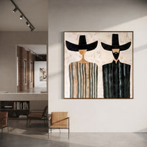 Black Brims Divide Stripes - striped bearded pair painting by Elliot Vale, modern figurative square wall art - styled room scene view 4