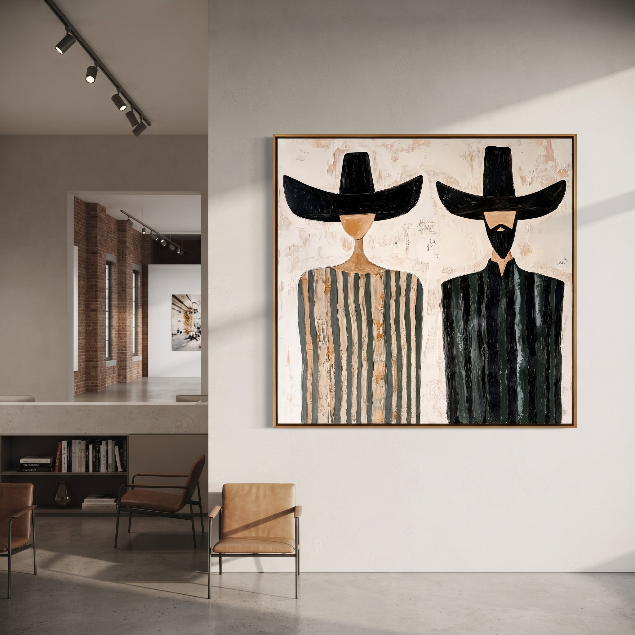 Black Brims Divide Stripes - striped bearded pair painting by Elliot Vale, modern figurative square wall art - styled room scene view 4