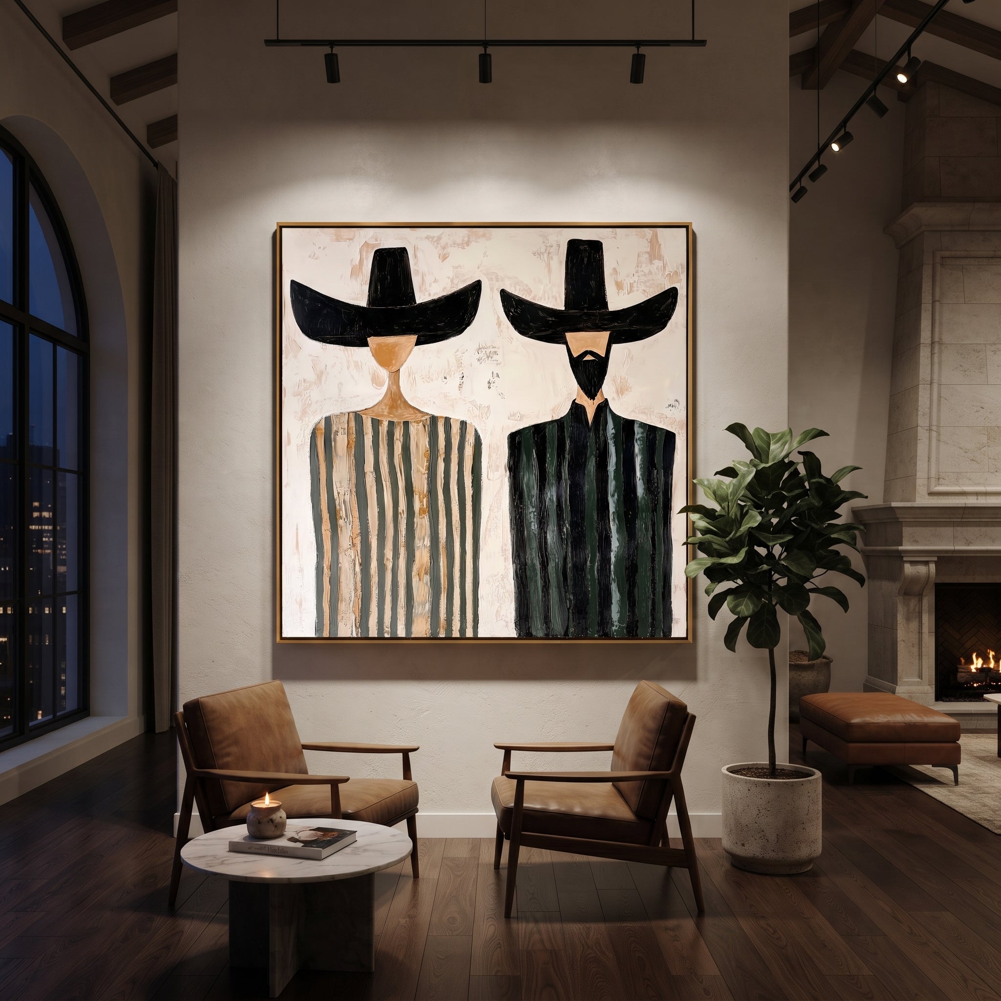Black Brims Divide Stripes - striped bearded pair painting by Elliot Vale, modern figurative square wall art - styled room scene view 5
