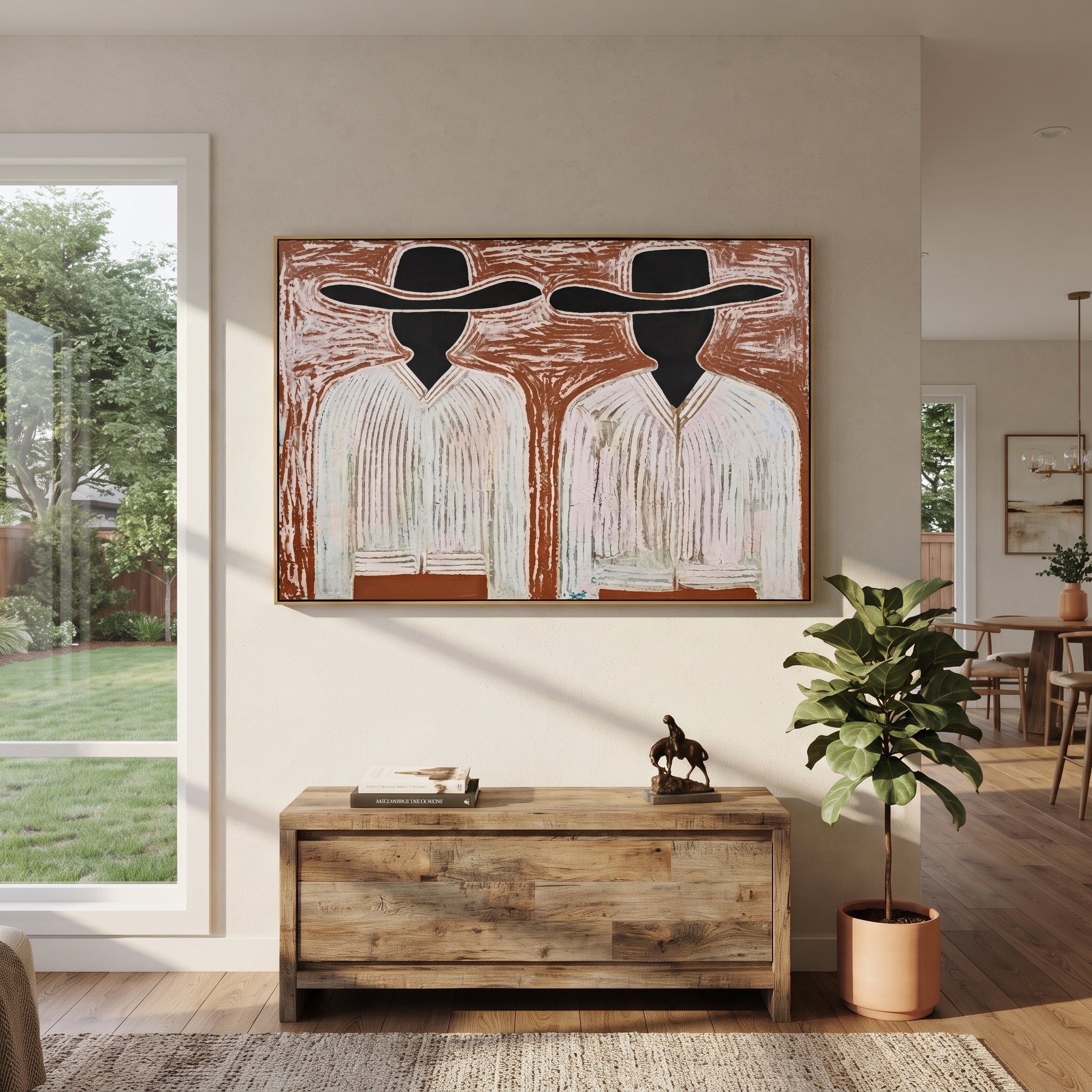 Black Faces Hold White - black face figure pair painting by Elliot Vale, modern figurative horizontal wall art - styled room scene view 1