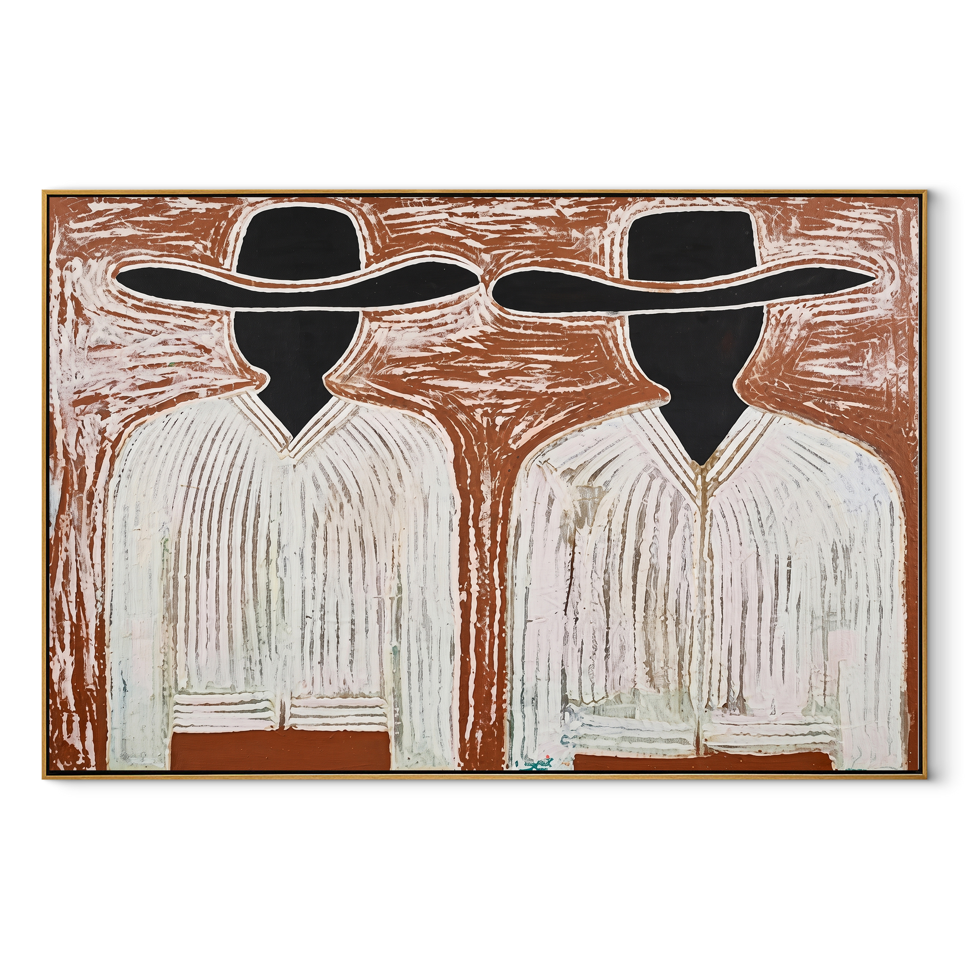 Black Faces Hold White - black face figure pair painting by Elliot Vale, modern figurative horizontal wall art - wood frame on white background
