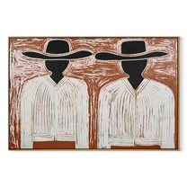 Black Faces Hold White - black face figure pair painting by Elliot Vale, modern figurative horizontal wall art - wood frame on white background