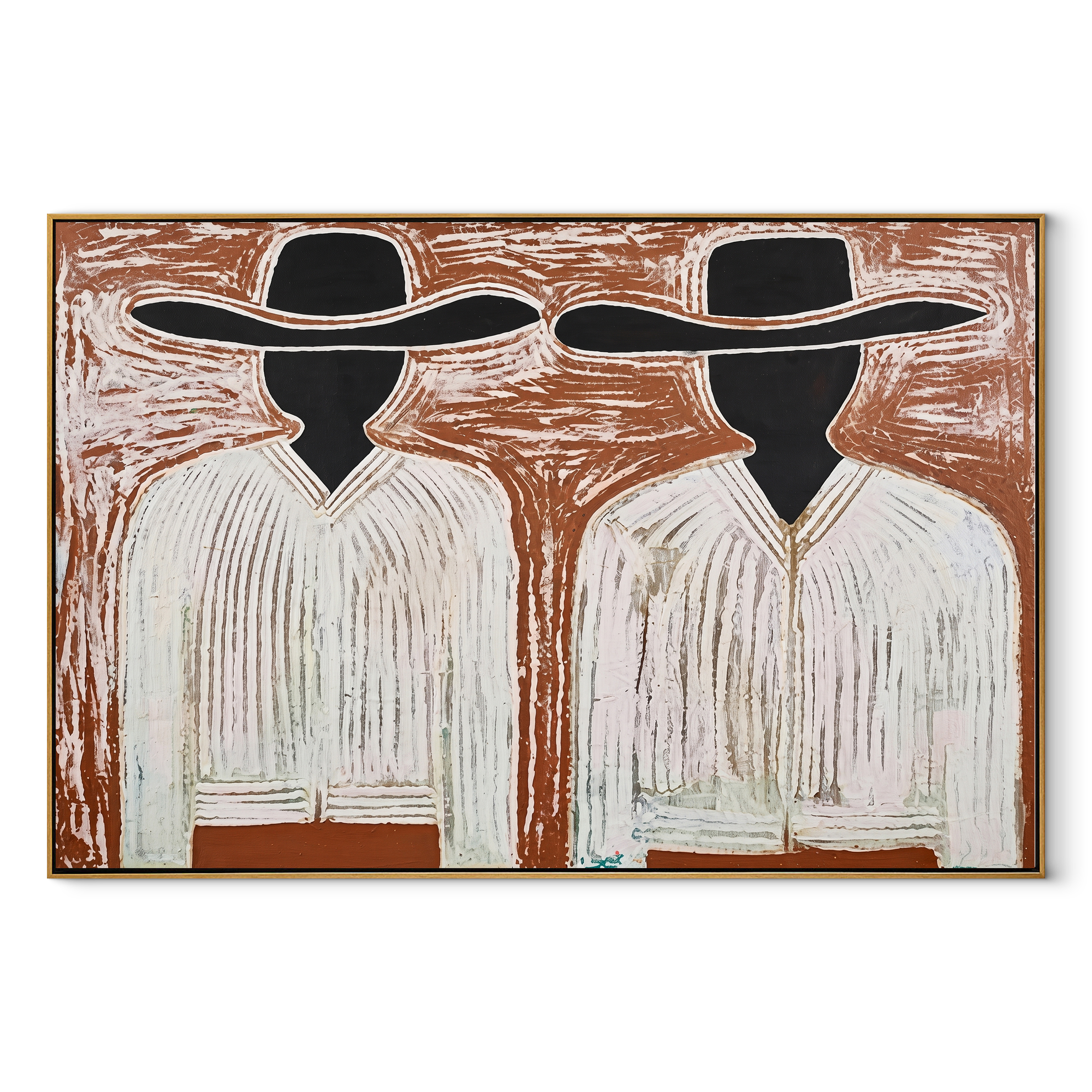 Black Faces Hold White - black face figure pair painting by Elliot Vale, modern figurative horizontal wall art - wood frame on white background