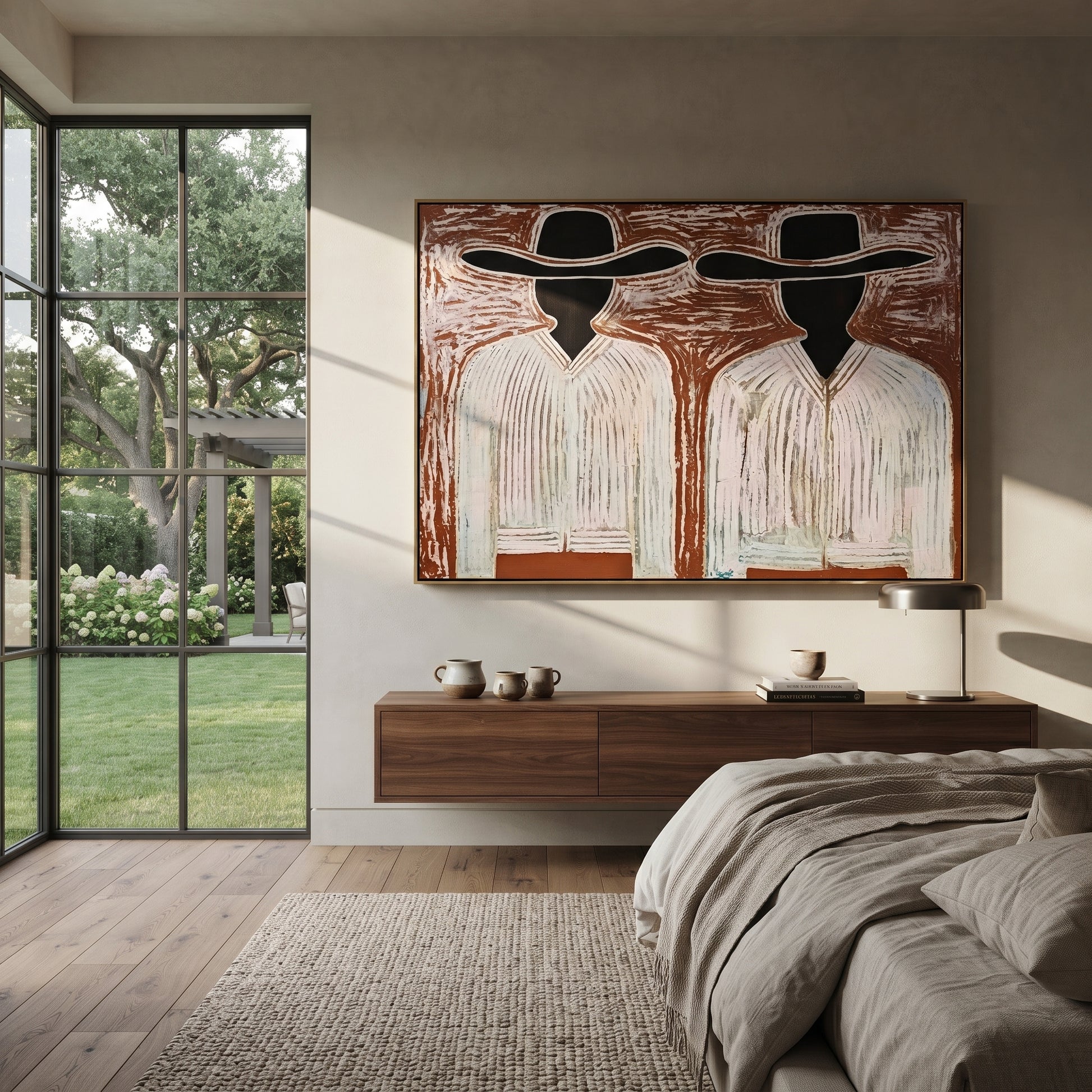 Black Faces Hold White - black face figure pair painting by Elliot Vale, modern figurative horizontal wall art - styled room scene view 2
