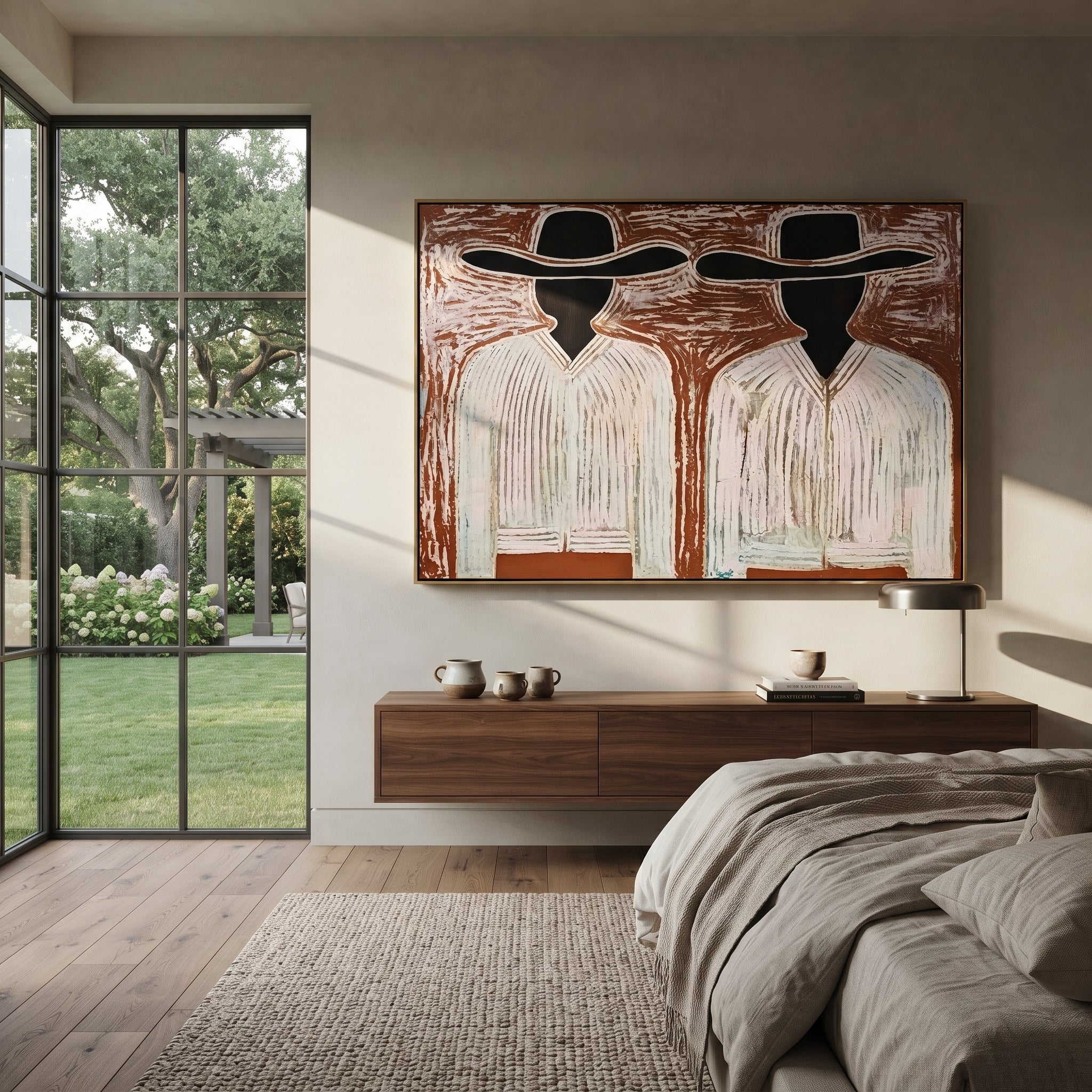 Black Faces Hold White - black face figure pair painting by Elliot Vale, modern figurative horizontal wall art - styled room scene view 2