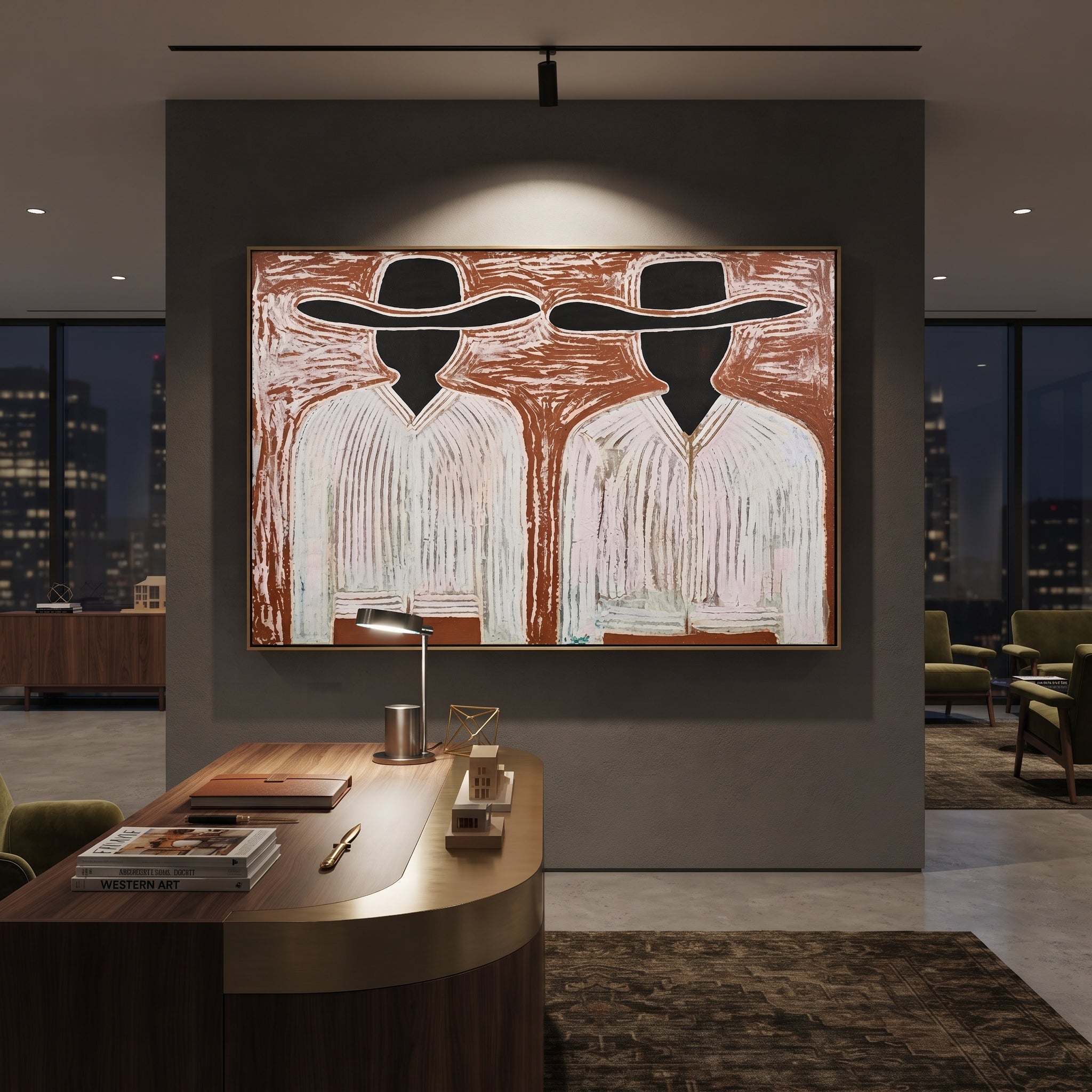 Black Faces Hold White - black face figure pair painting by Elliot Vale, modern figurative horizontal wall art - styled room scene view 5