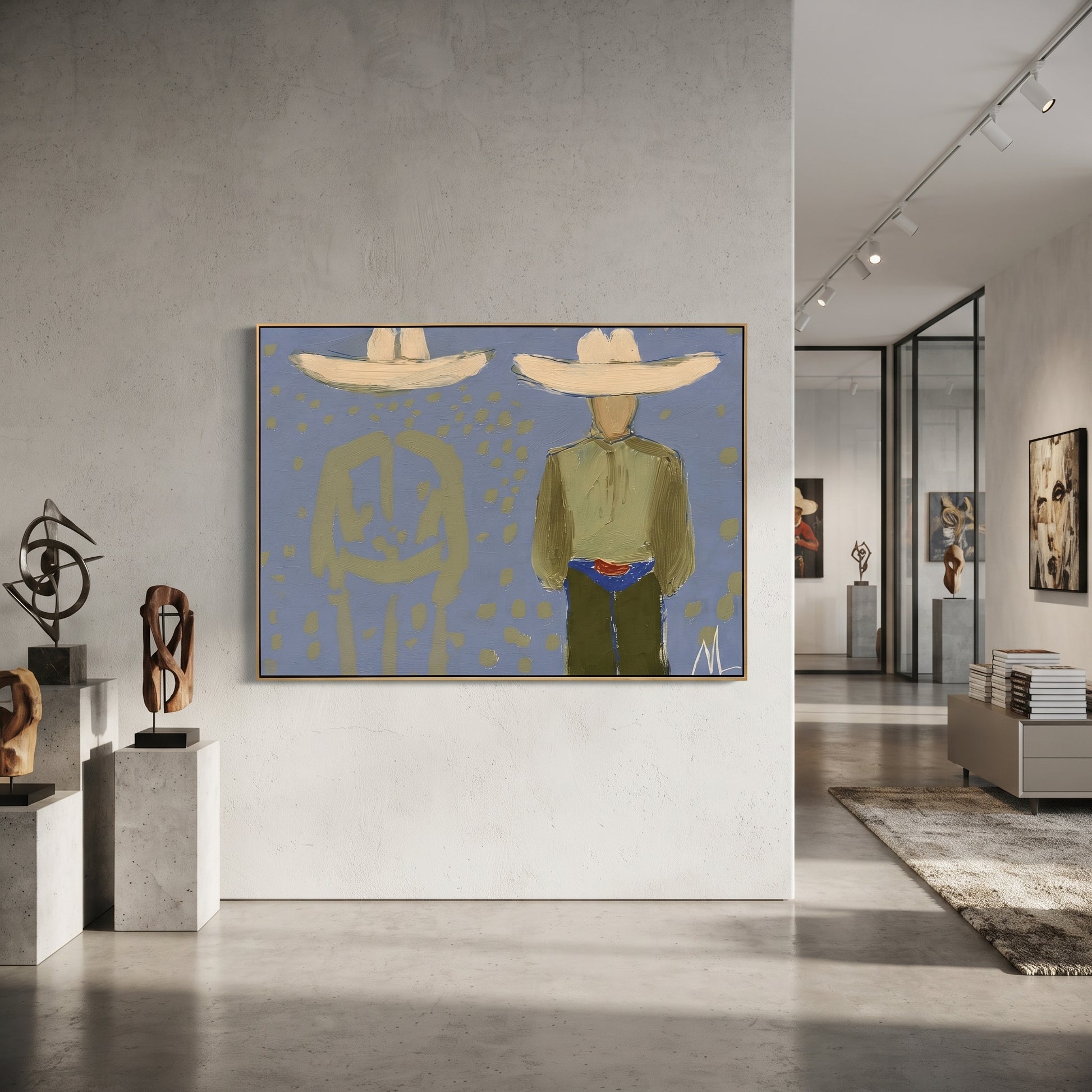 Olive Figure Keeps Echo - shadow companion figure painting by Elliot Vale, modern figurative horizontal wall art - styled room scene view 2