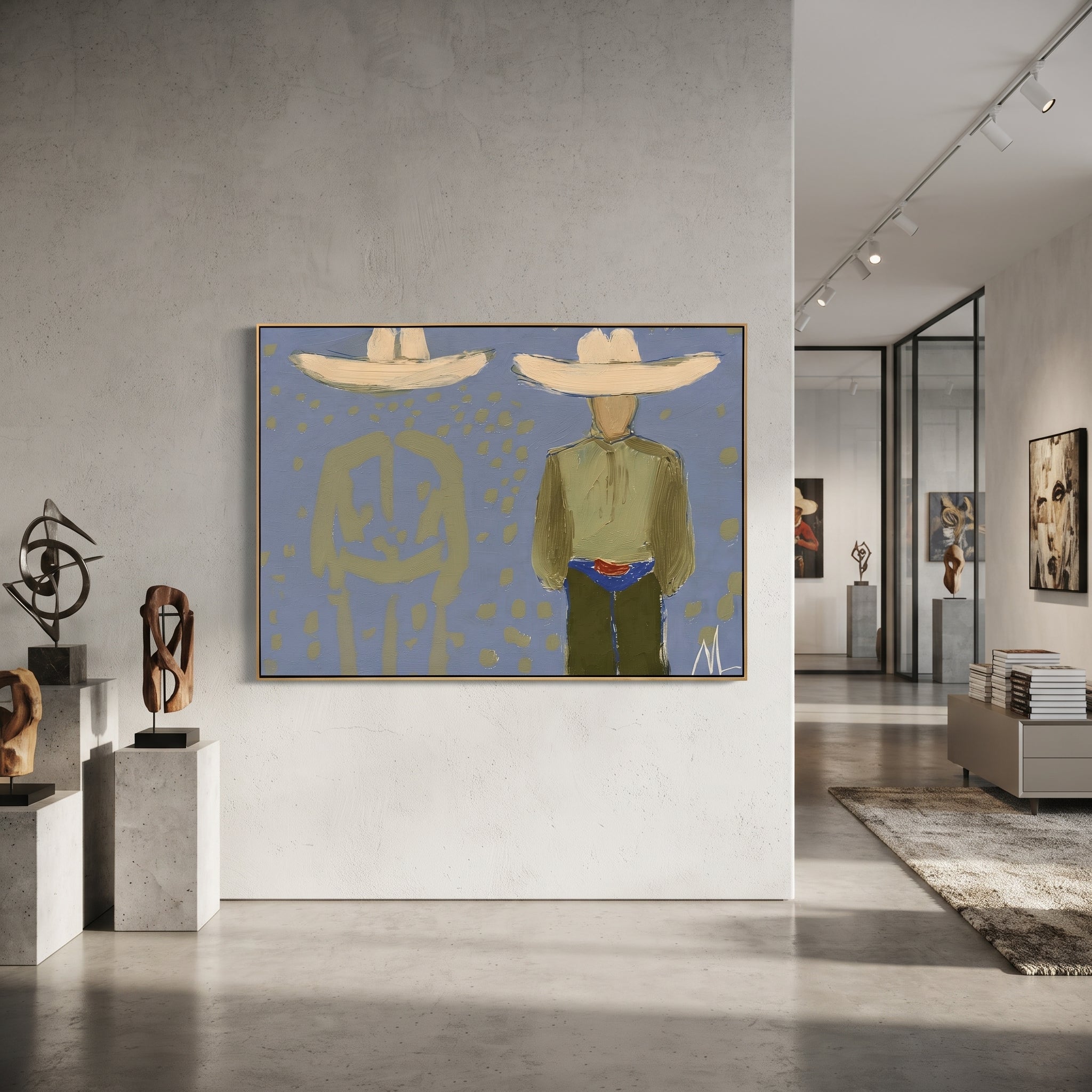 Olive Figure Keeps Echo - shadow companion figure painting by Elliot Vale, modern figurative horizontal wall art - styled room scene view 2