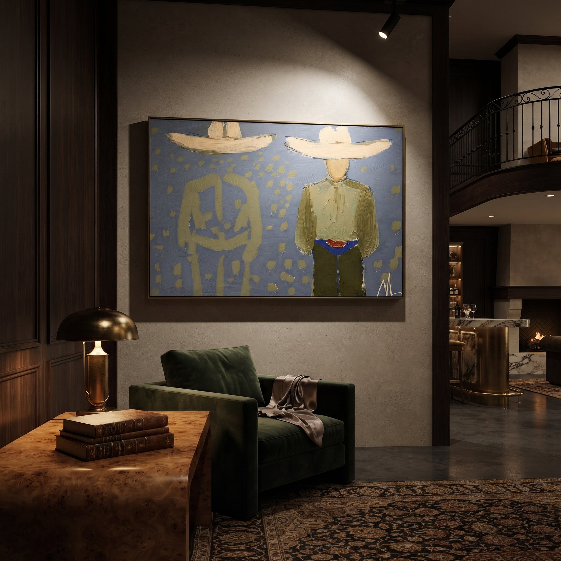 Olive Figure Keeps Echo - shadow companion figure painting by Elliot Vale, modern figurative horizontal wall art - styled room scene view 3