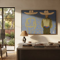 Olive Figure Keeps Echo - shadow companion figure painting by Elliot Vale, modern figurative horizontal wall art - styled room scene view 4