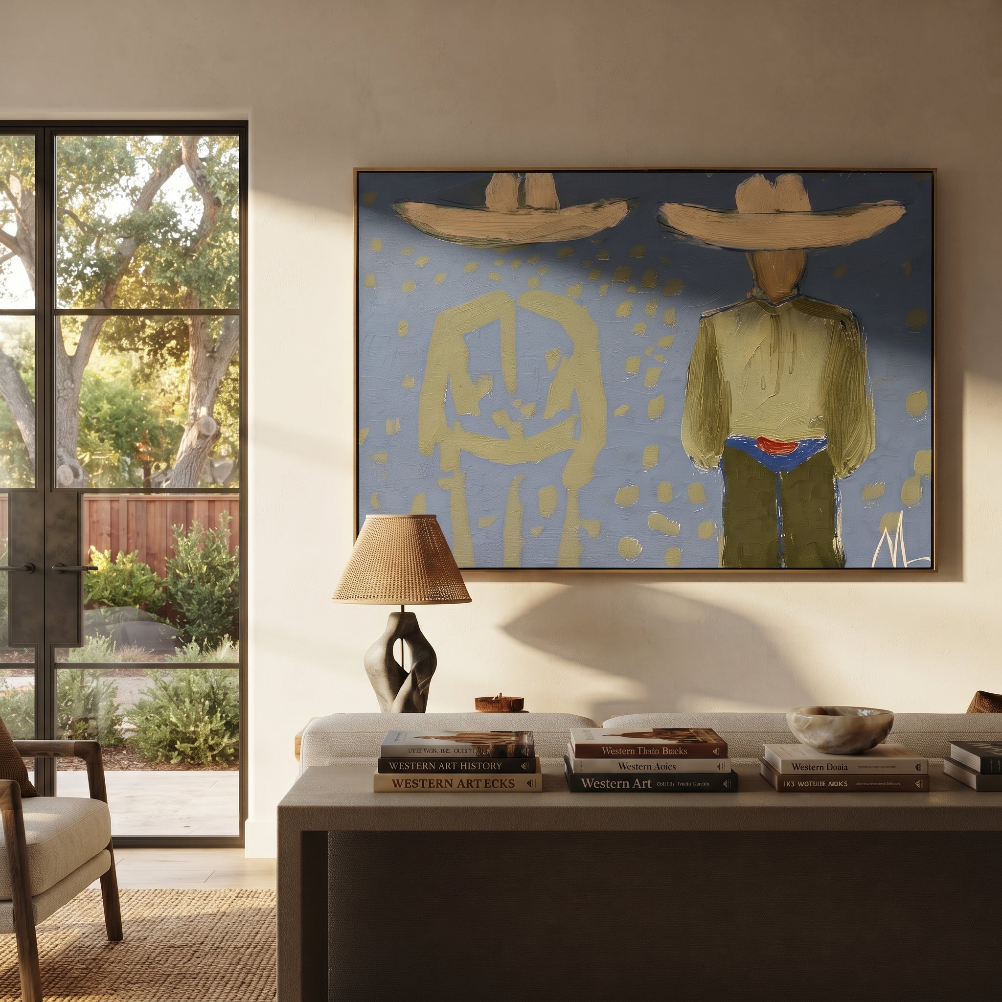 Olive Figure Keeps Echo - shadow companion figure painting by Elliot Vale, modern figurative horizontal wall art - styled room scene view 4