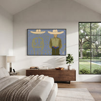 Olive Figure Keeps Echo - shadow companion figure painting by Elliot Vale, modern figurative horizontal wall art - styled room scene view 5