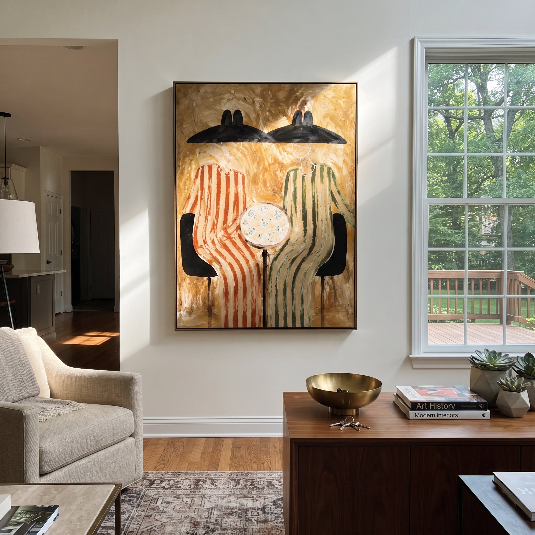 Black Hats Frame Clock - striped table figure pair painting by Elliot Vale, modern figurative vertical wall art - styled room scene view 1