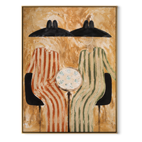 Black Hats Frame Clock - striped table figure pair painting by Elliot Vale, modern figurative vertical wall art - wood frame on white background