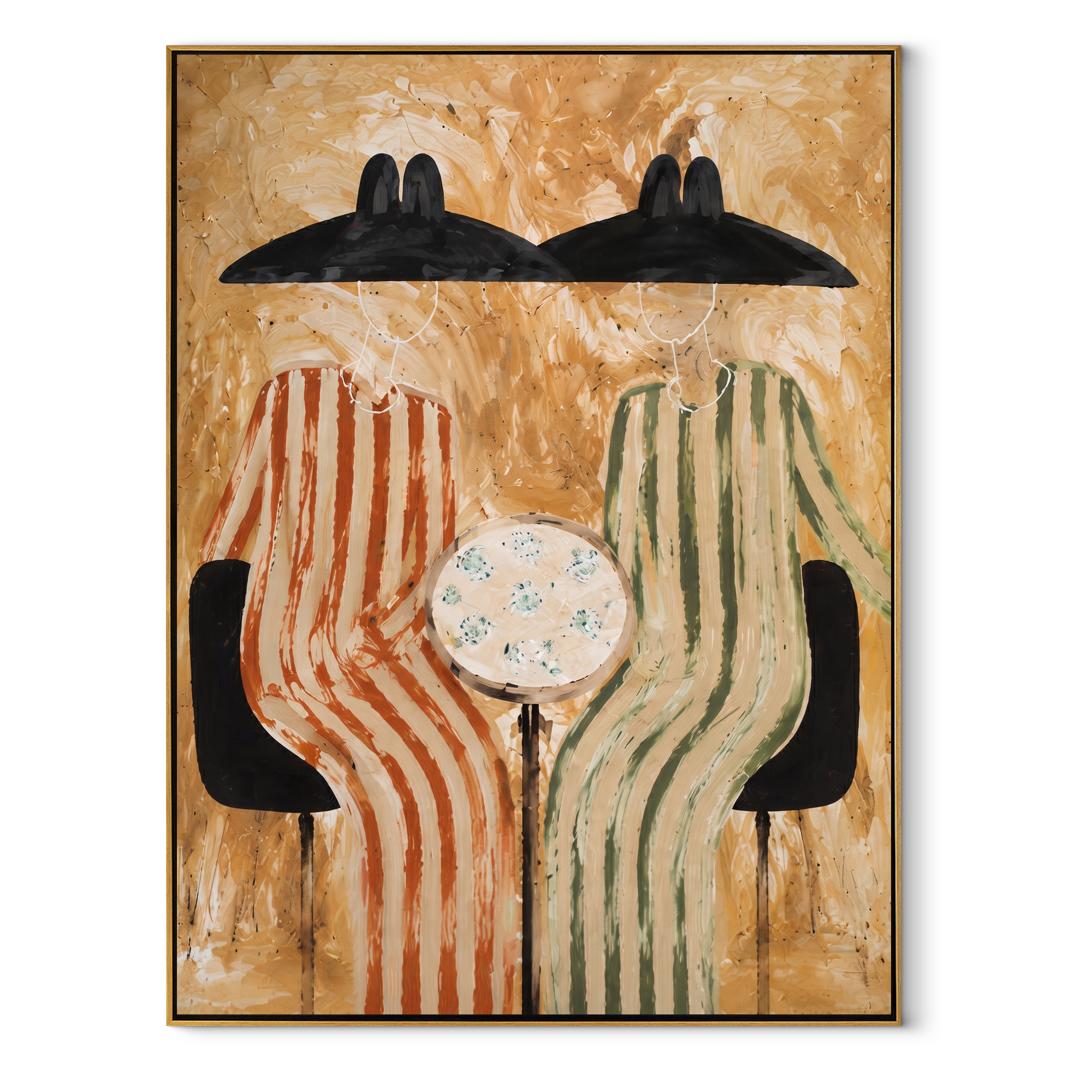 Black Hats Frame Clock - striped table figure pair painting by Elliot Vale, modern figurative vertical wall art - wood frame on white background
