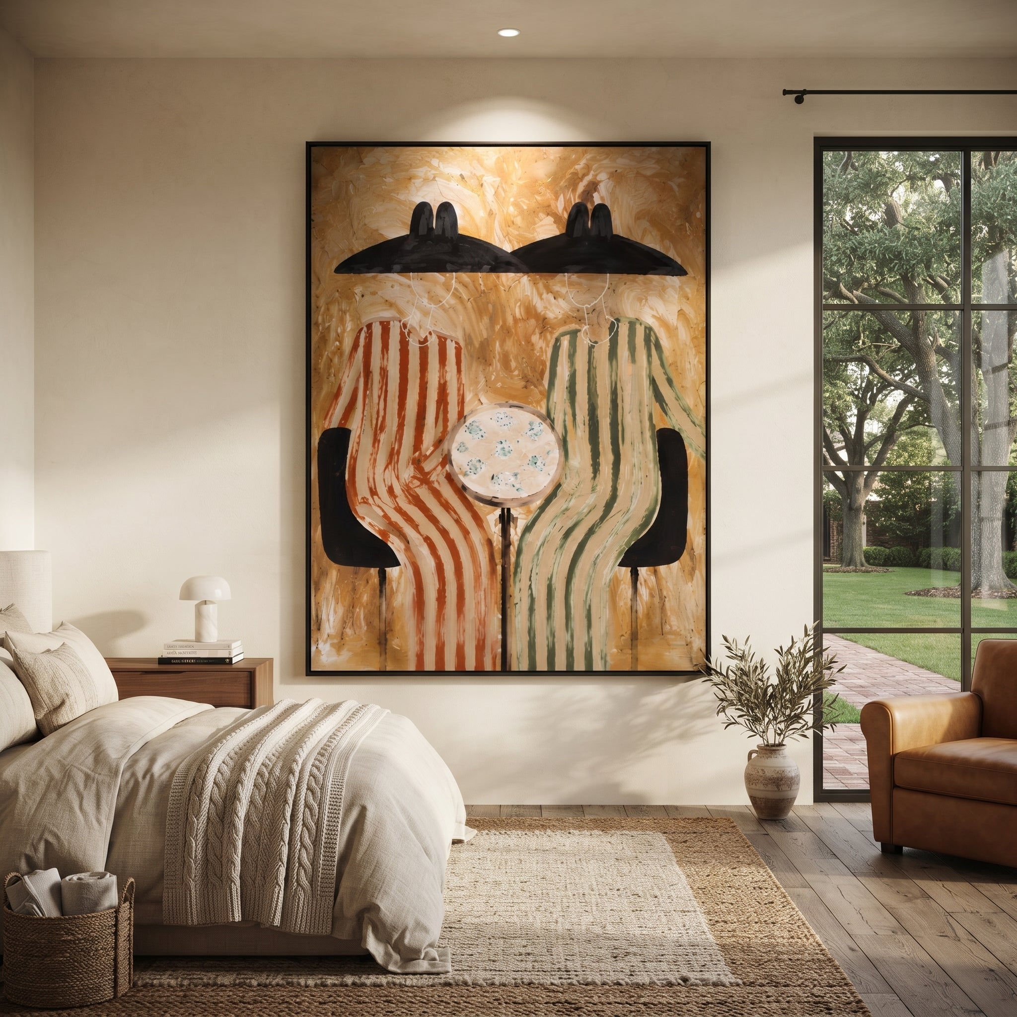 Black Hats Frame Clock - striped table figure pair painting by Elliot Vale, modern figurative vertical wall art - styled room scene view 2