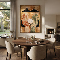 Black Hats Frame Clock - striped table figure pair painting by Elliot Vale, modern figurative vertical wall art - styled room scene view 3