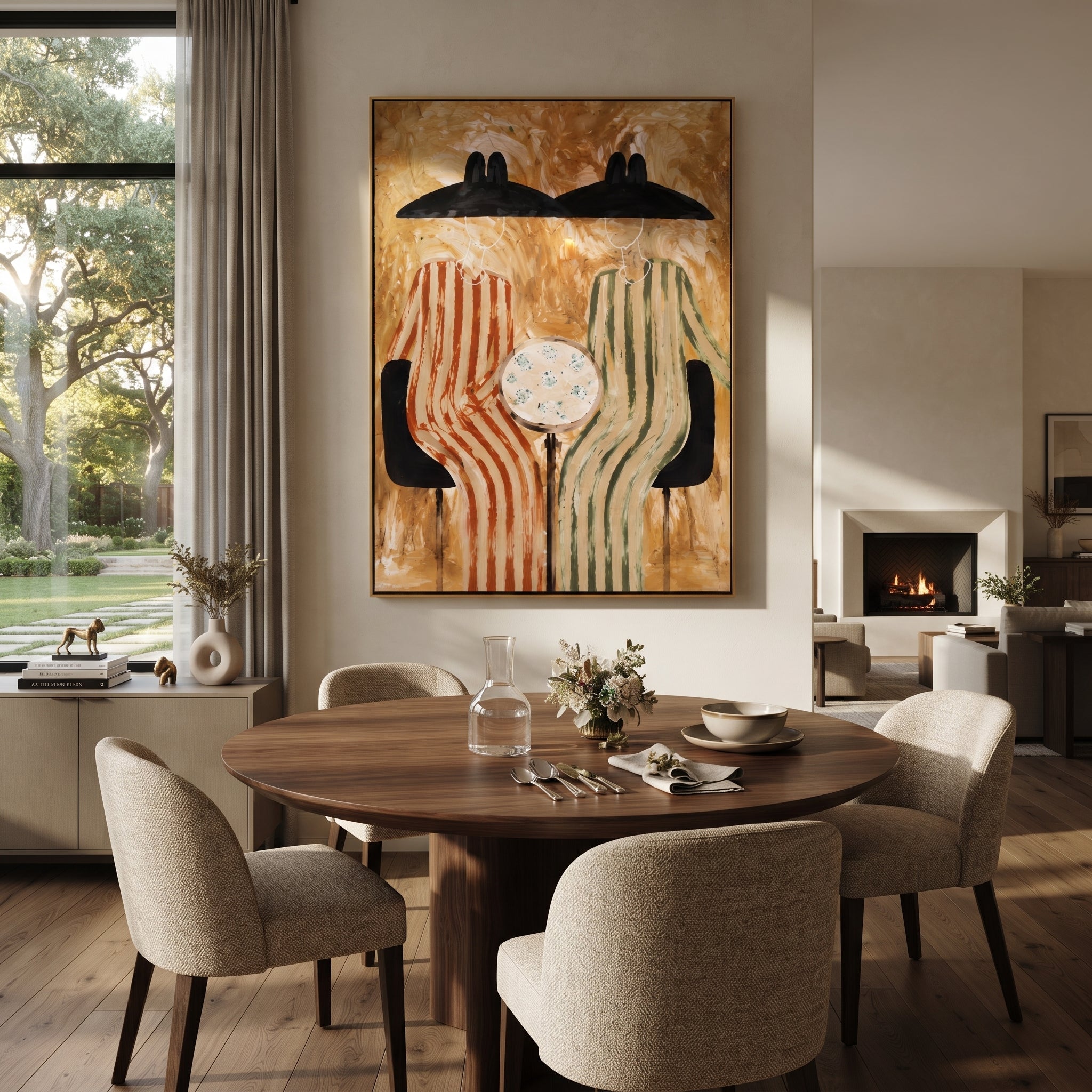 Black Hats Frame Clock - striped table figure pair painting by Elliot Vale, modern figurative vertical wall art - styled room scene view 3