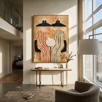 Black Hats Frame Clock - striped table figure pair painting by Elliot Vale, modern figurative vertical wall art - styled room scene view 4