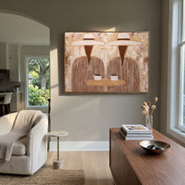 Two Cups Share Linen - striped coffee pair painting by Elliot Vale, modern figurative horizontal wall art - styled room scene view 1