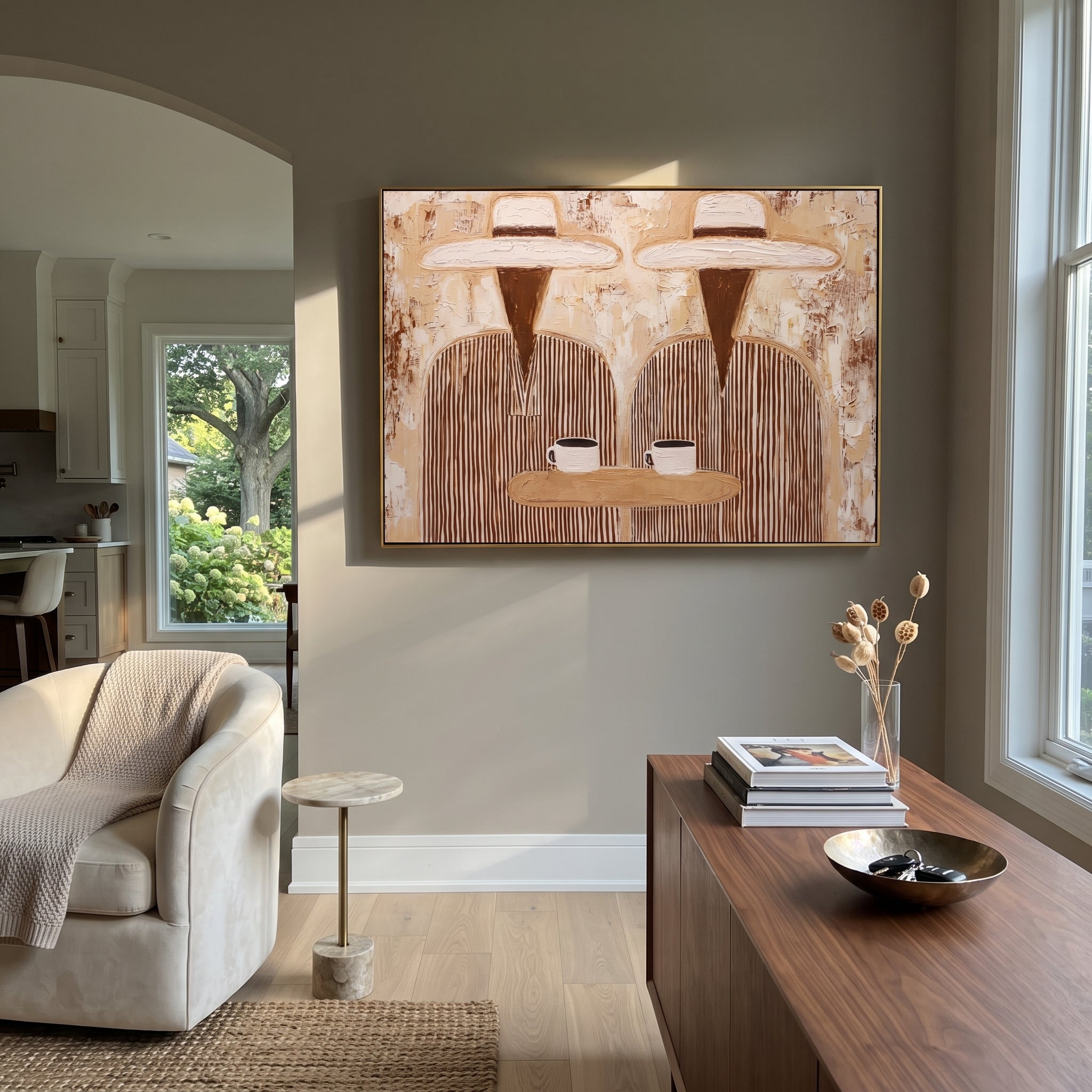 Two Cups Share Linen - striped coffee pair painting by Elliot Vale, modern figurative horizontal wall art - styled room scene view 1
