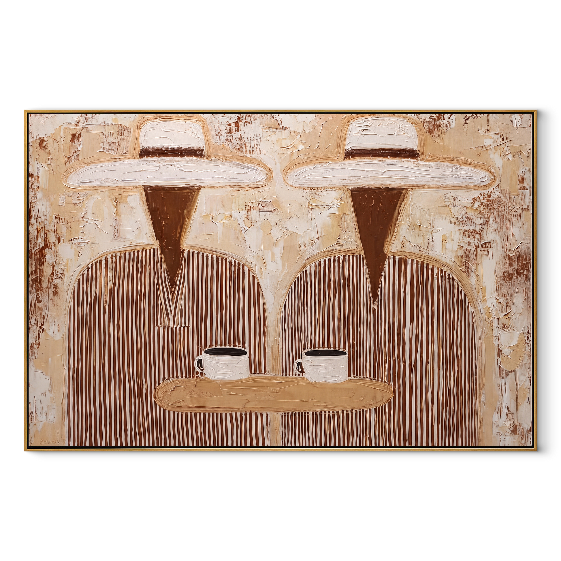 Two Cups Share Linen - striped coffee pair painting by Elliot Vale, modern figurative horizontal wall art - wood frame on white background