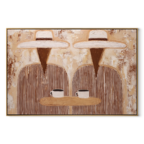 Two Cups Share Linen - striped coffee pair painting by Elliot Vale, modern figurative horizontal wall art - wood frame on white background