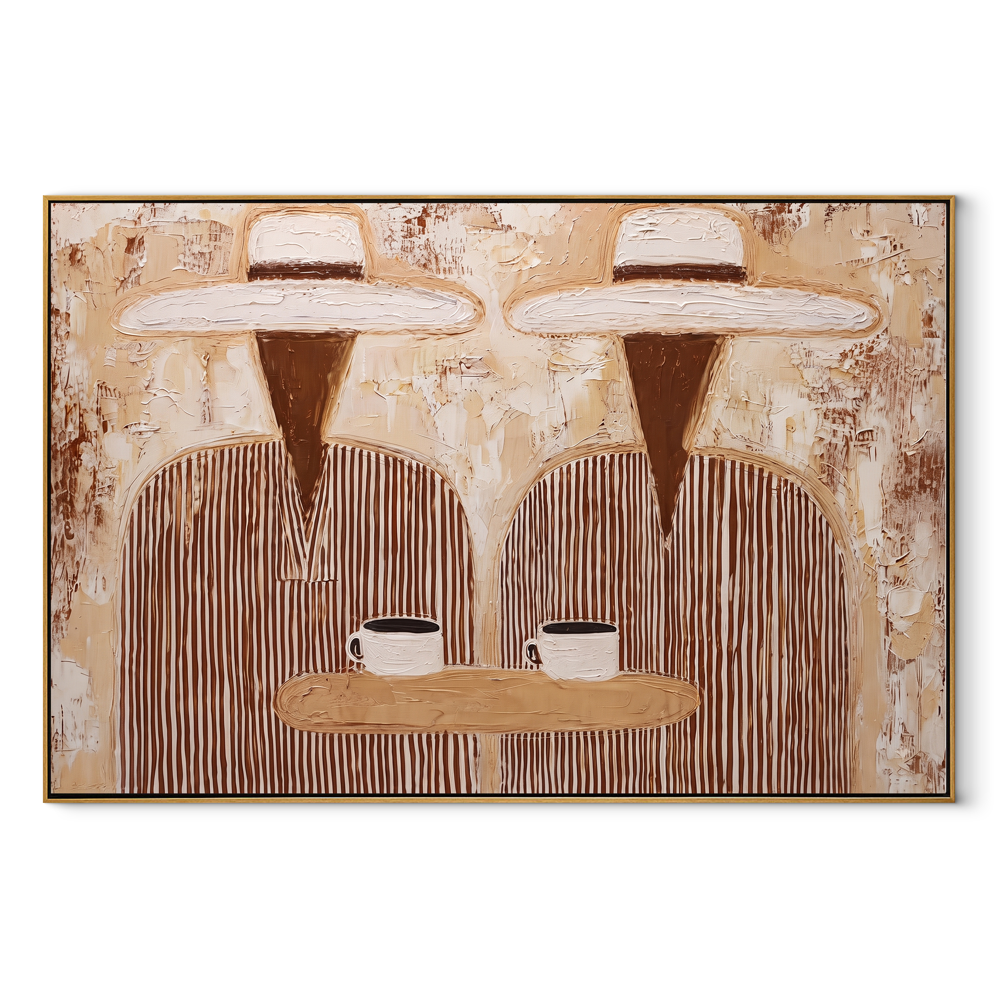Two Cups Share Linen - striped coffee pair painting by Elliot Vale, modern figurative horizontal wall art - wood frame on white background