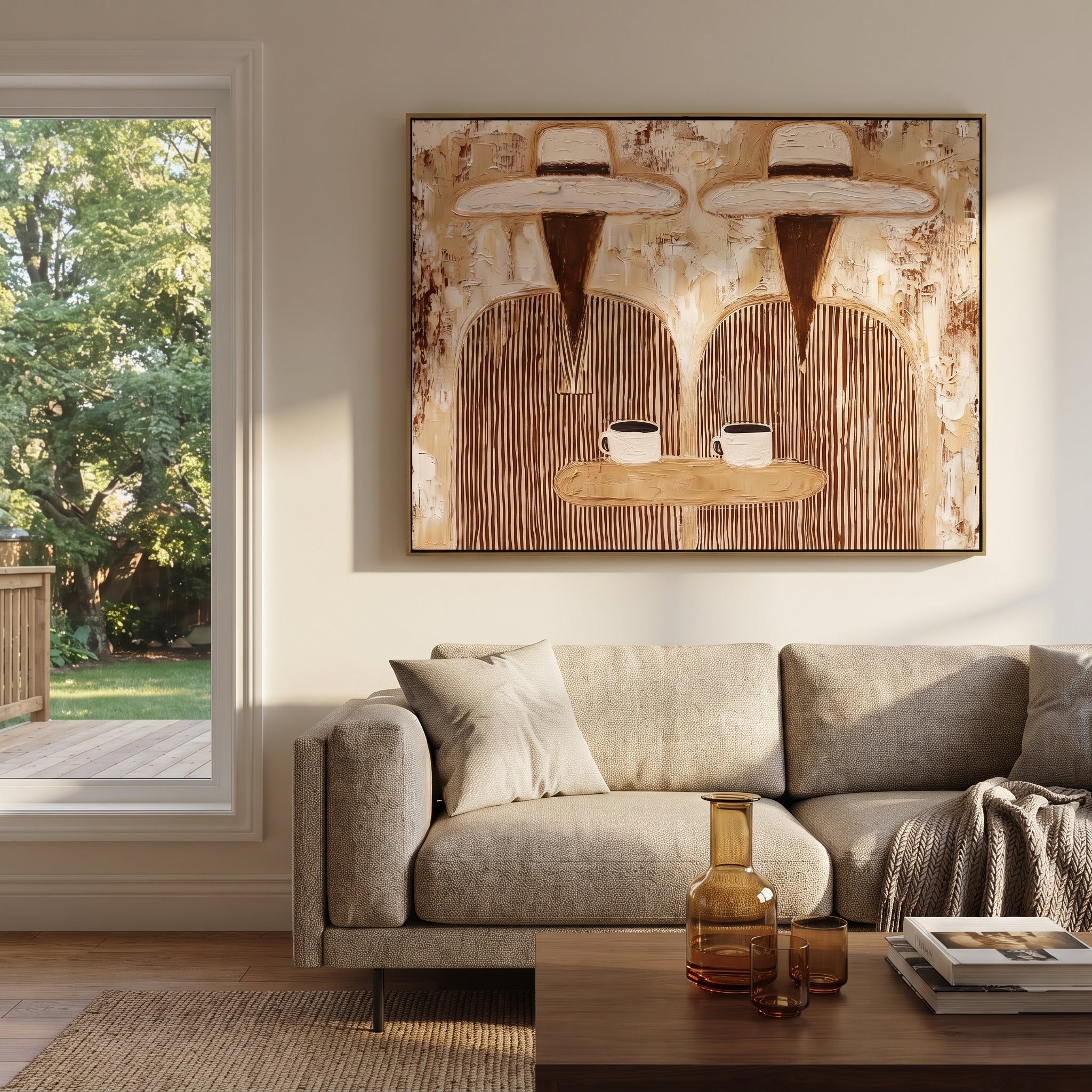 Two Cups Share Linen - striped coffee pair painting by Elliot Vale, modern figurative horizontal wall art - styled room scene view 2