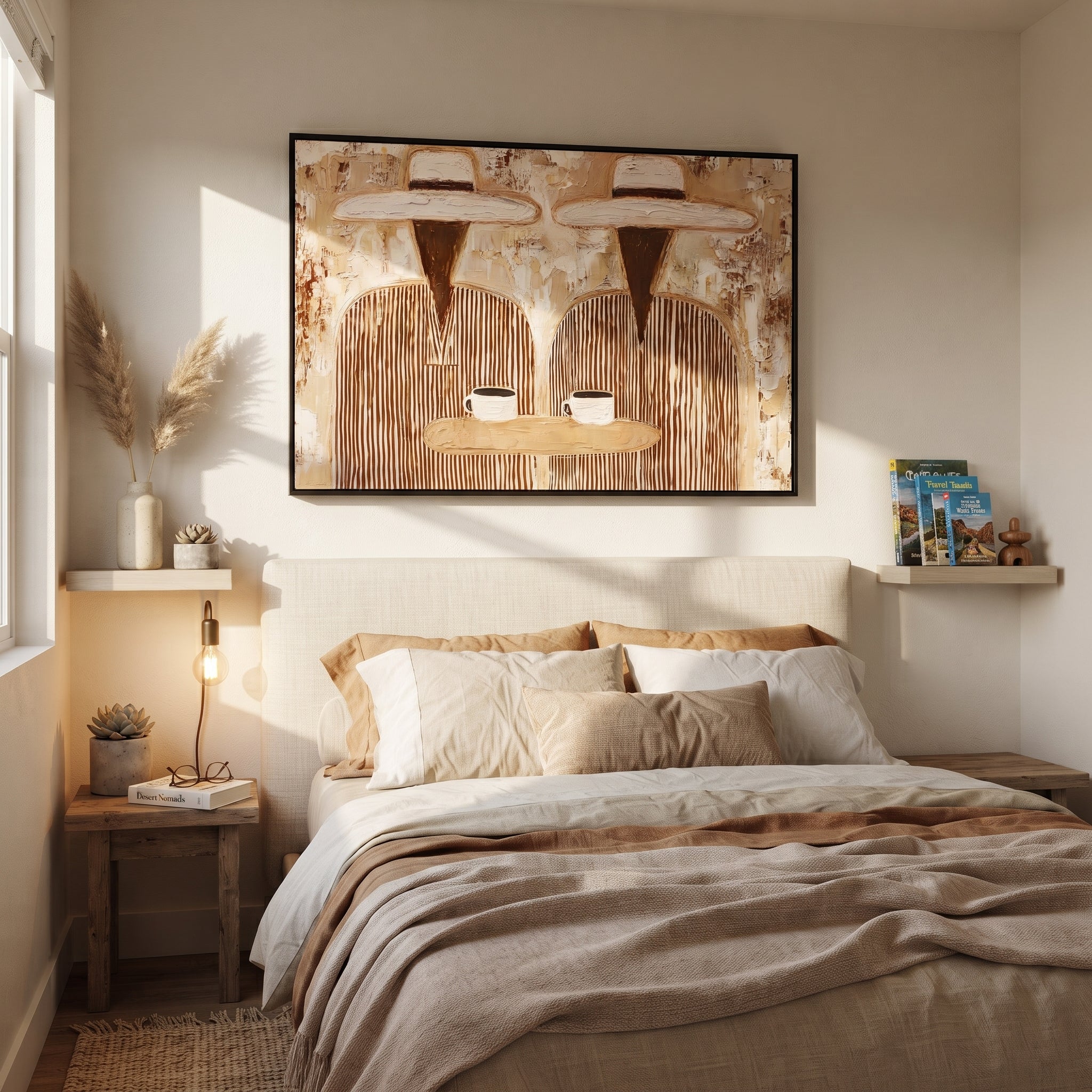 Two Cups Share Linen - striped coffee pair painting by Elliot Vale, modern figurative horizontal wall art - styled room scene view 3