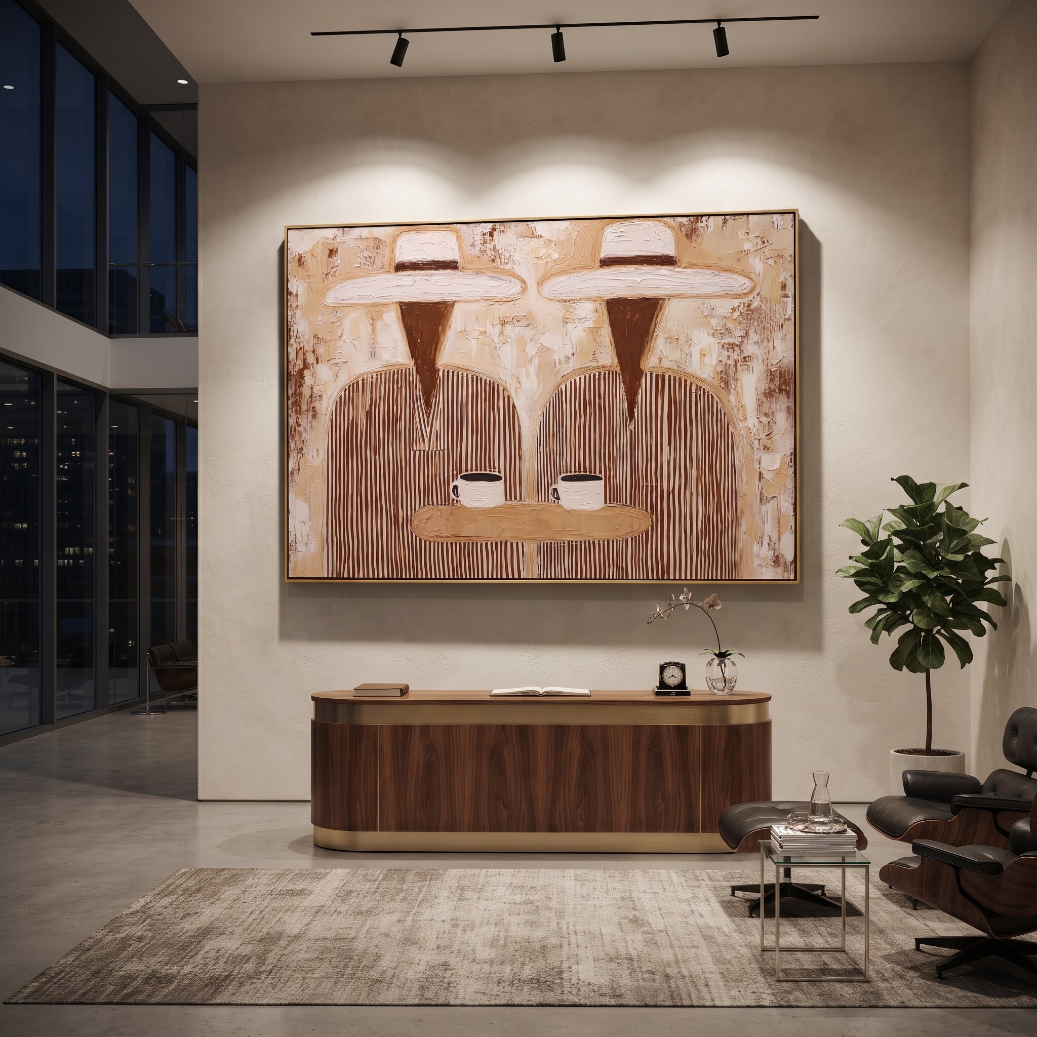 Two Cups Share Linen - striped coffee pair painting by Elliot Vale, modern figurative horizontal wall art - styled room scene view 4
