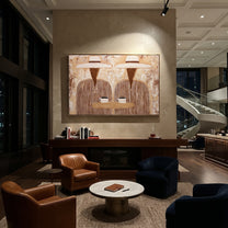 Two Cups Share Linen - striped coffee pair painting by Elliot Vale, modern figurative horizontal wall art - styled room scene view 5