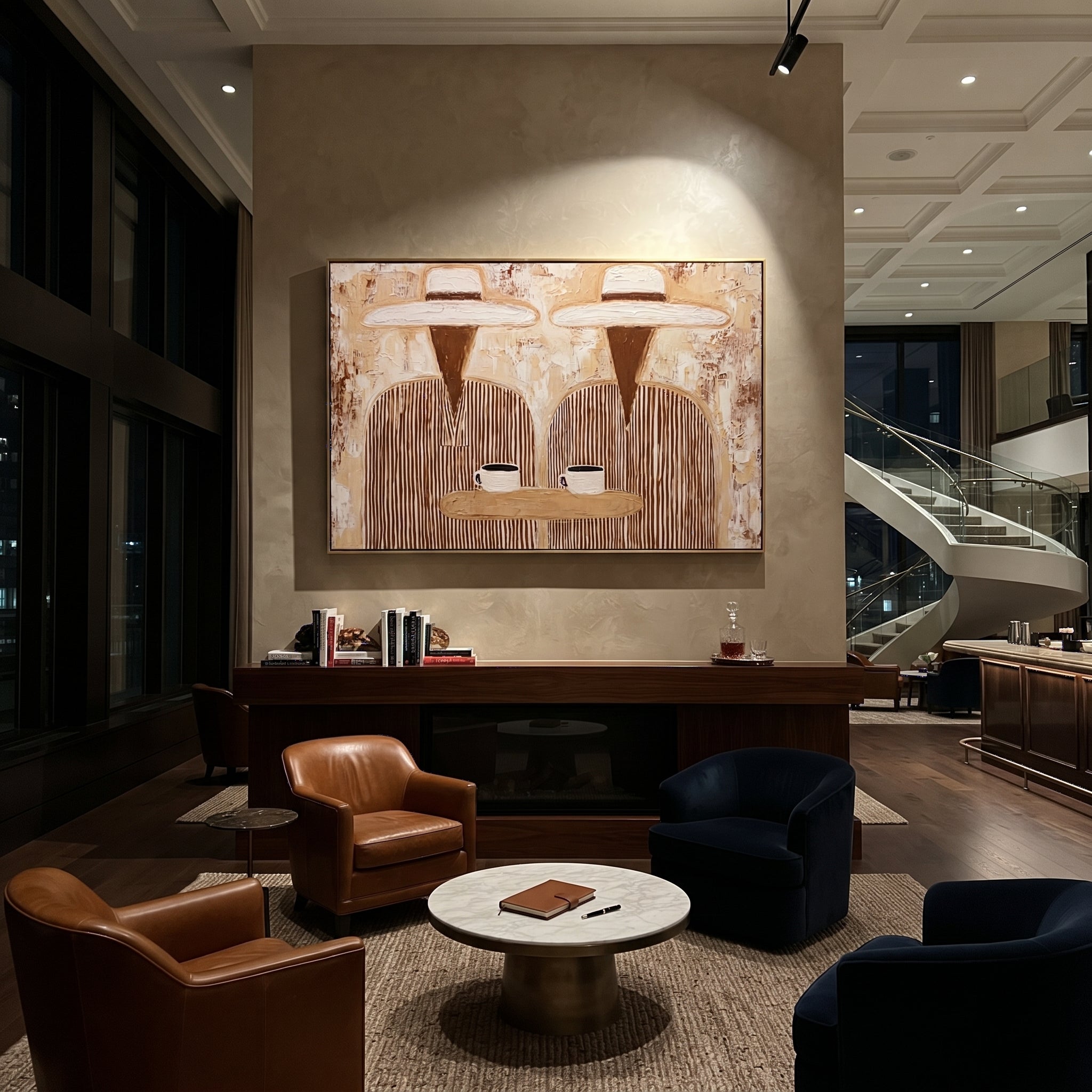 Two Cups Share Linen - striped coffee pair painting by Elliot Vale, modern figurative horizontal wall art - styled room scene view 5