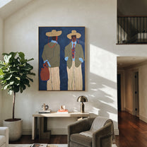 Blue Wall Holds Travelers - modern traveler pair painting by Elliot Vale, modern figurative vertical wall art - styled room scene view 1