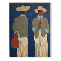 Blue Wall Holds Travelers - modern traveler pair painting by Elliot Vale, modern figurative vertical wall art - wood frame on white background