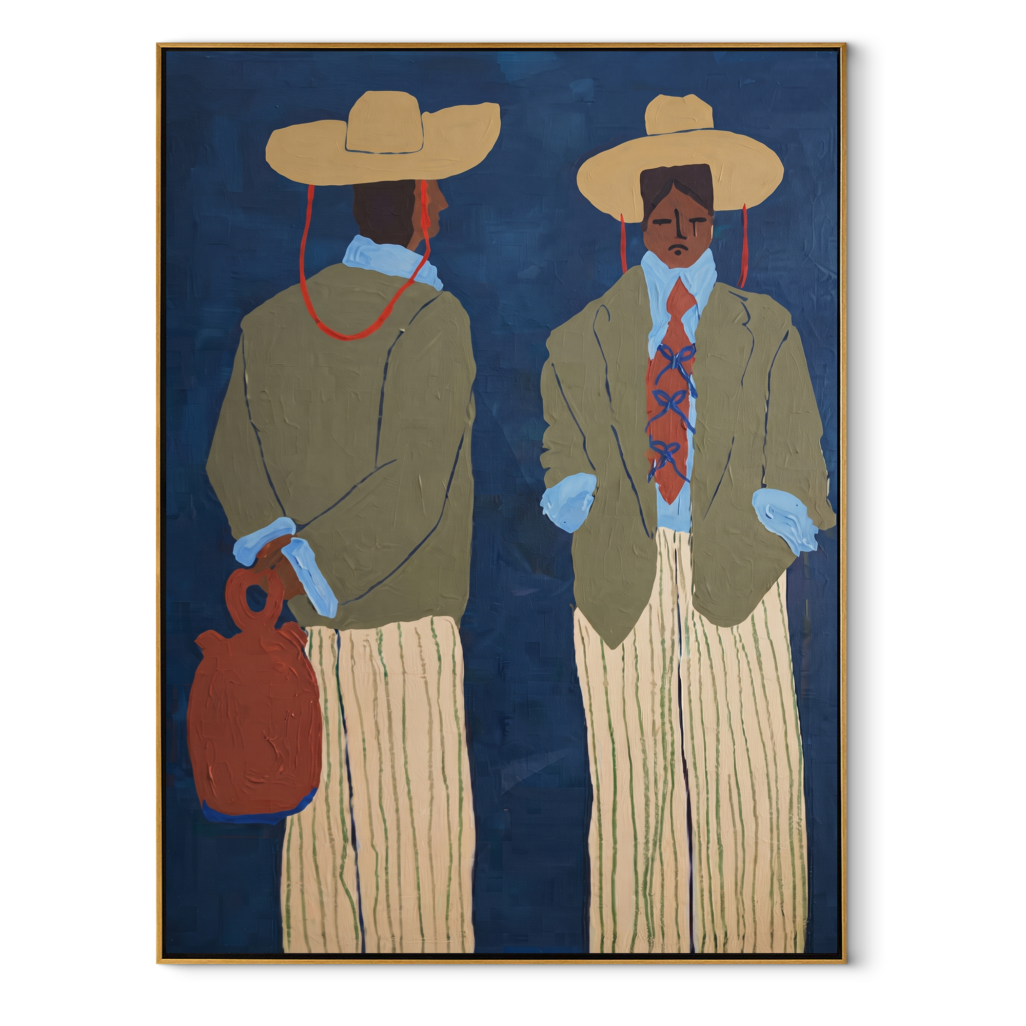 Blue Wall Holds Travelers - modern traveler pair painting by Elliot Vale, modern figurative vertical wall art - wood frame on white background