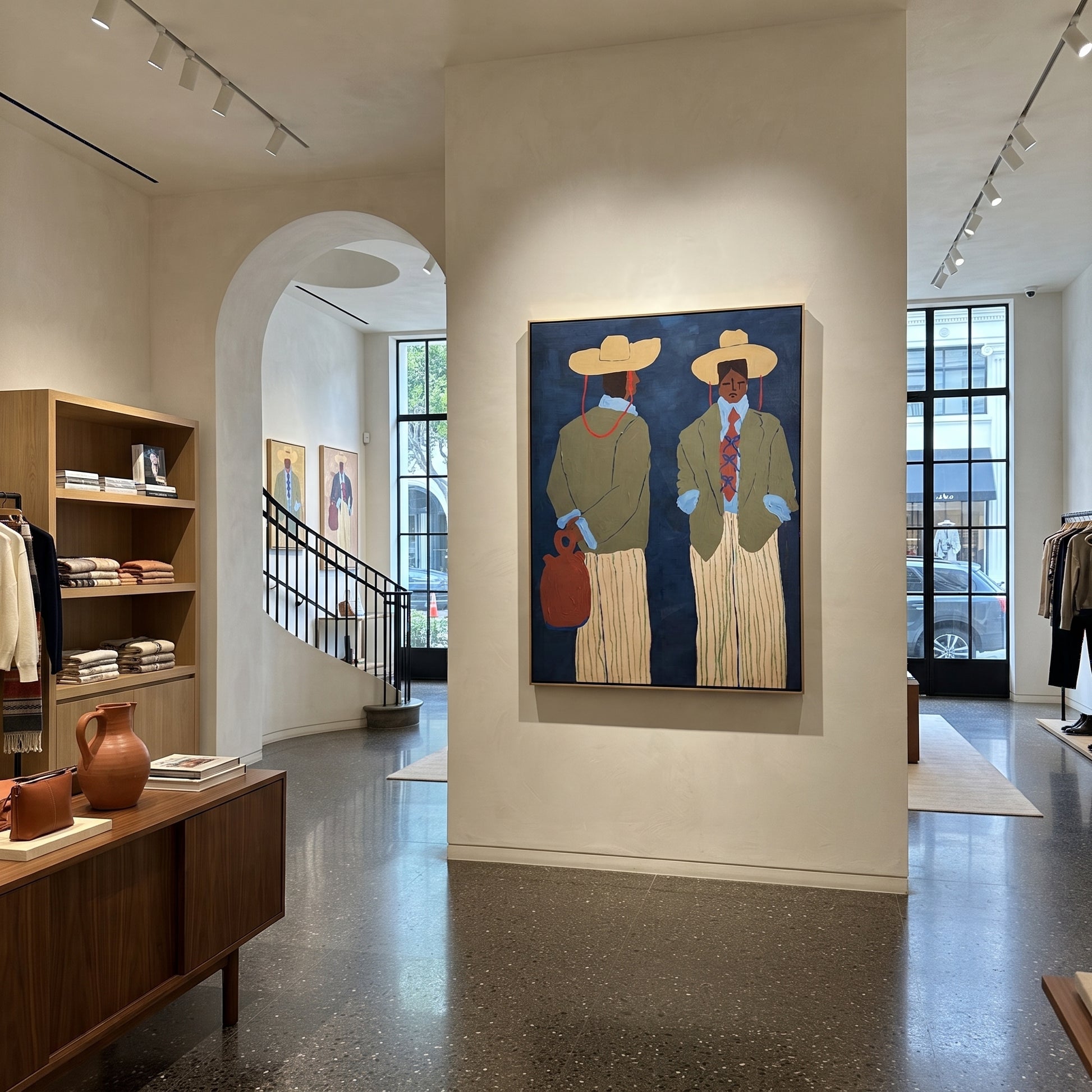 Blue Wall Holds Travelers - modern traveler pair painting by Elliot Vale, modern figurative vertical wall art - styled room scene view 2