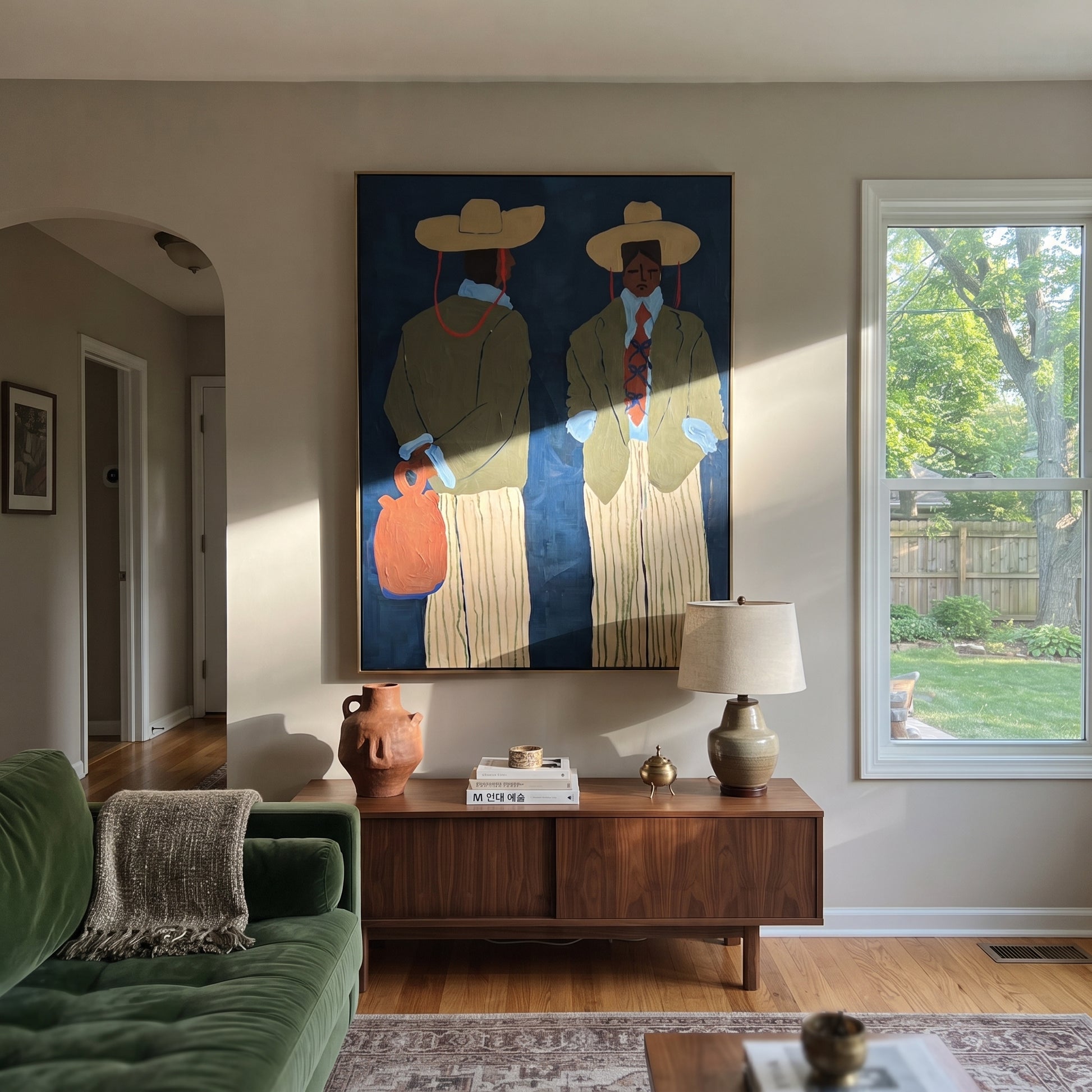 Blue Wall Holds Travelers - modern traveler pair painting by Elliot Vale, modern figurative vertical wall art - styled room scene view 3