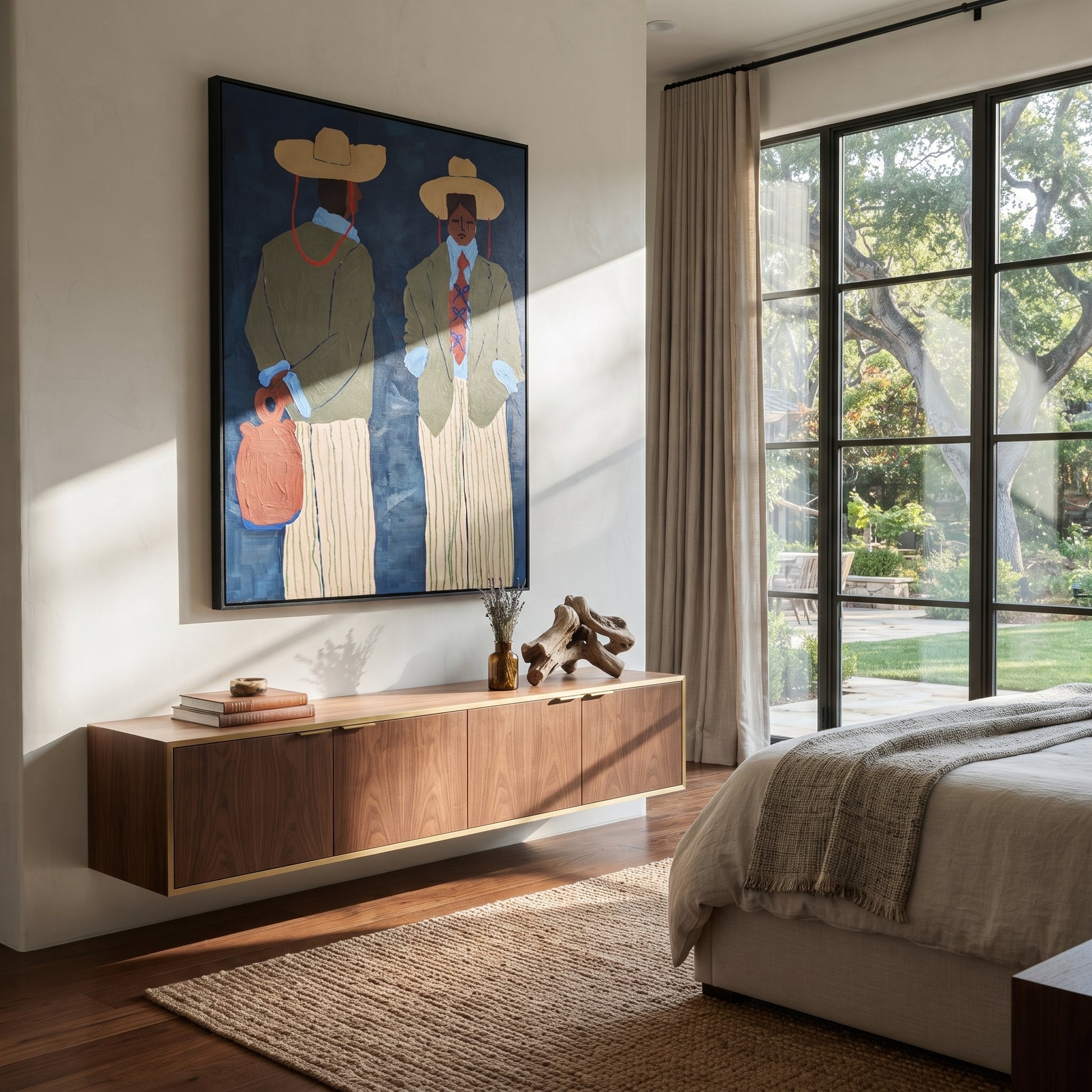 Blue Wall Holds Travelers - modern traveler pair painting by Elliot Vale, modern figurative vertical wall art - styled room scene view 4
