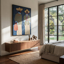 Blue Wall Holds Travelers - modern traveler pair painting by Elliot Vale, modern figurative vertical wall art - styled room scene view 4