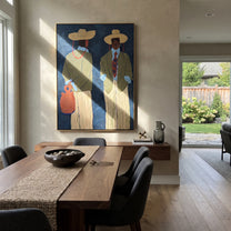 Blue Wall Holds Travelers - modern traveler pair painting by Elliot Vale, modern figurative vertical wall art - styled room scene view 5