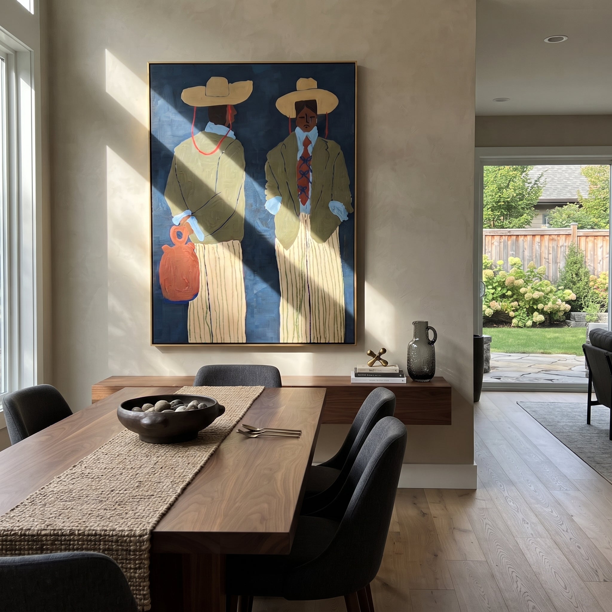 Blue Wall Holds Travelers - modern traveler pair painting by Elliot Vale, modern figurative vertical wall art - styled room scene view 5