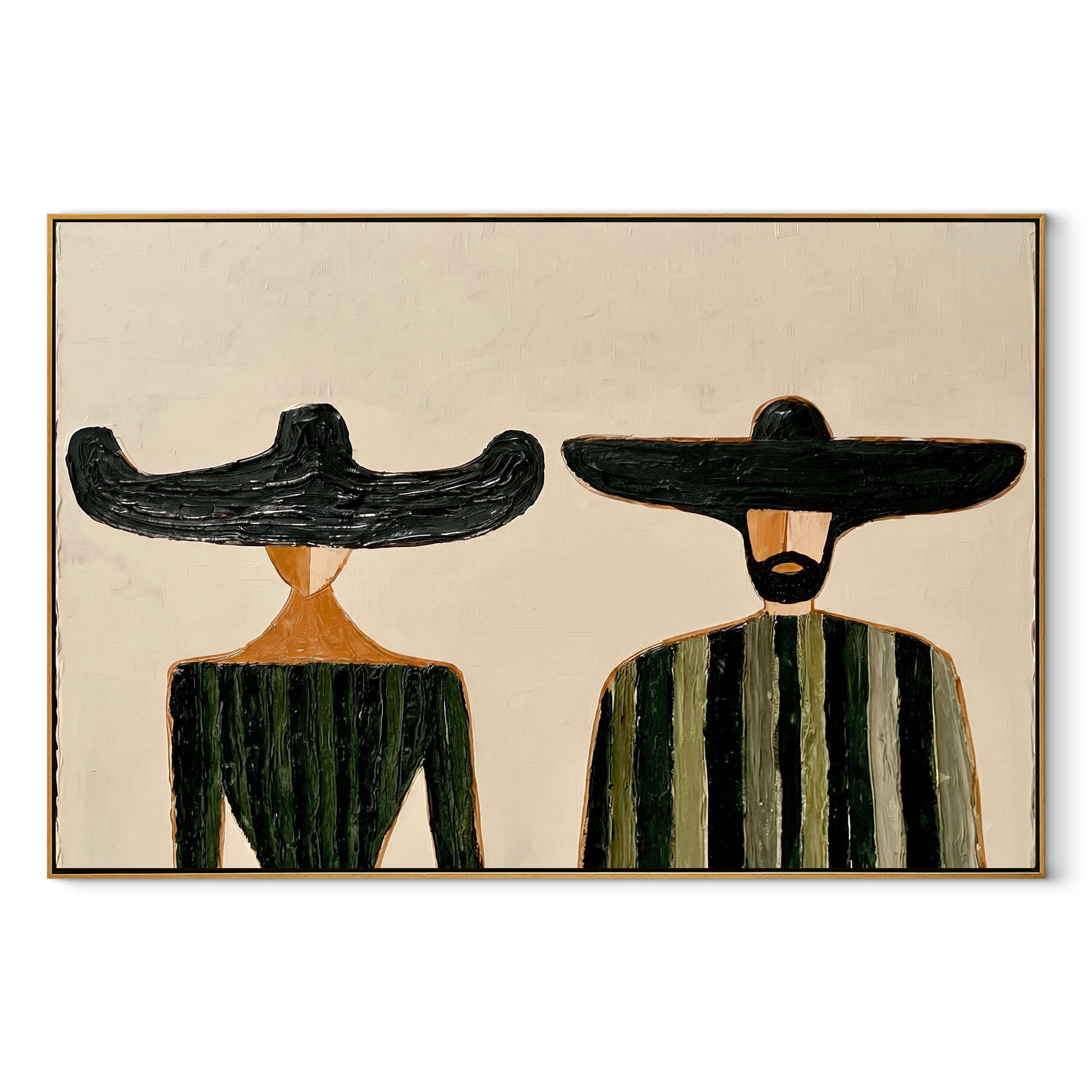 Black Brims Meet Green - green striped figure pair painting by Elliot Vale, modern figurative horizontal wall art - wood frame on white background