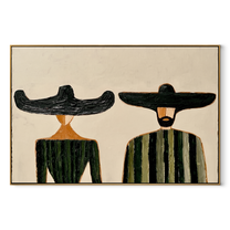 Black Brims Meet Green - green striped figure pair painting by Elliot Vale, modern figurative horizontal wall art - wood frame on white background