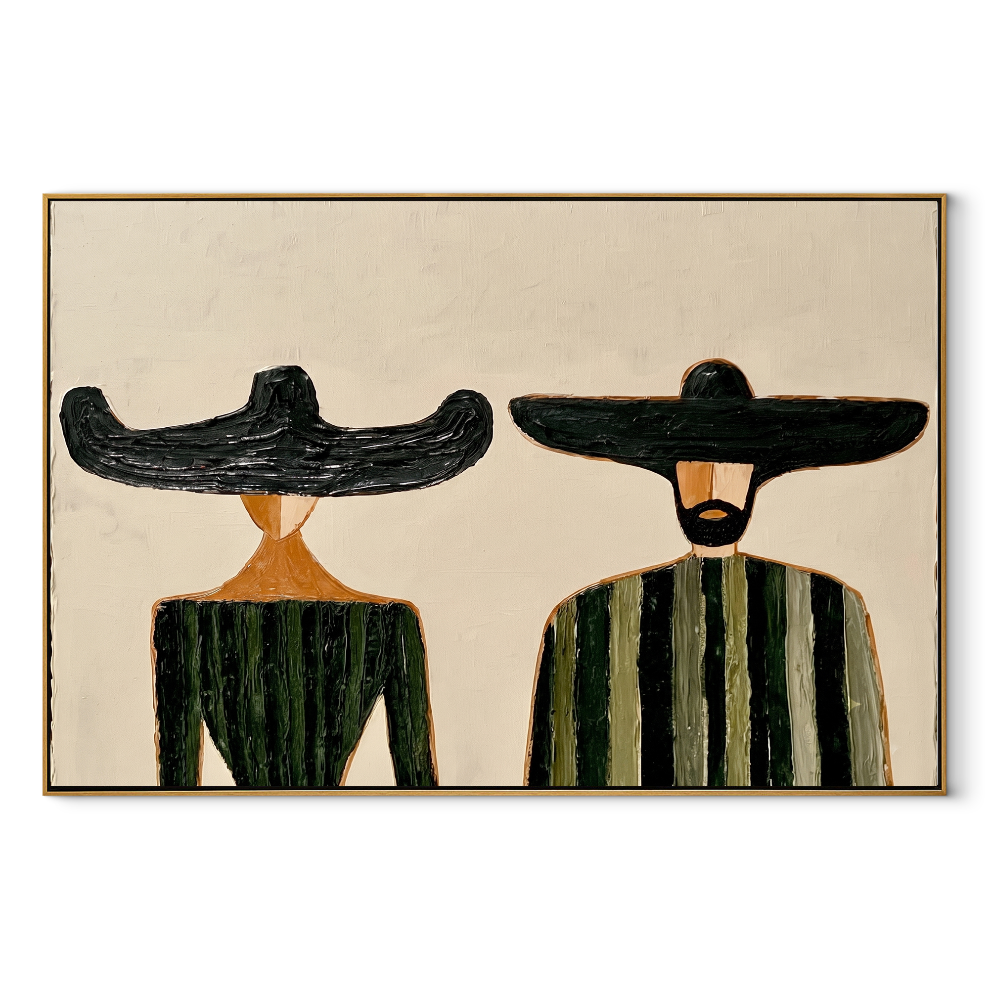 Black Brims Meet Green - green striped figure pair painting by Elliot Vale, modern figurative horizontal wall art - wood frame on white background