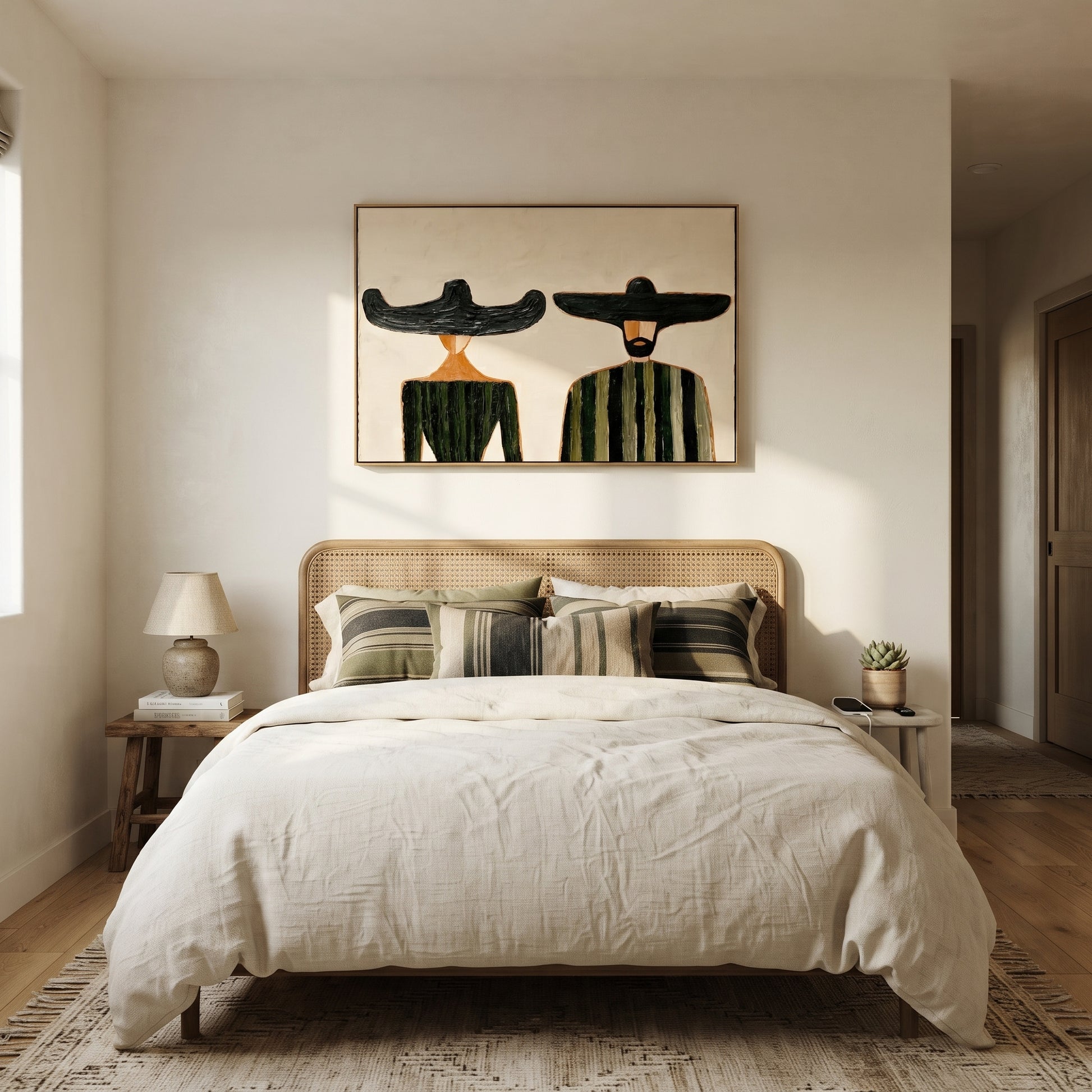 Black Brims Meet Green - green striped figure pair painting by Elliot Vale, modern figurative horizontal wall art - styled room scene view 2