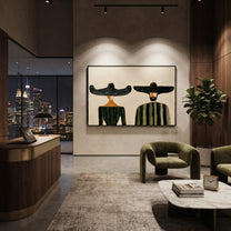 Black Brims Meet Green - green striped figure pair painting by Elliot Vale, modern figurative horizontal wall art - styled room scene view 3