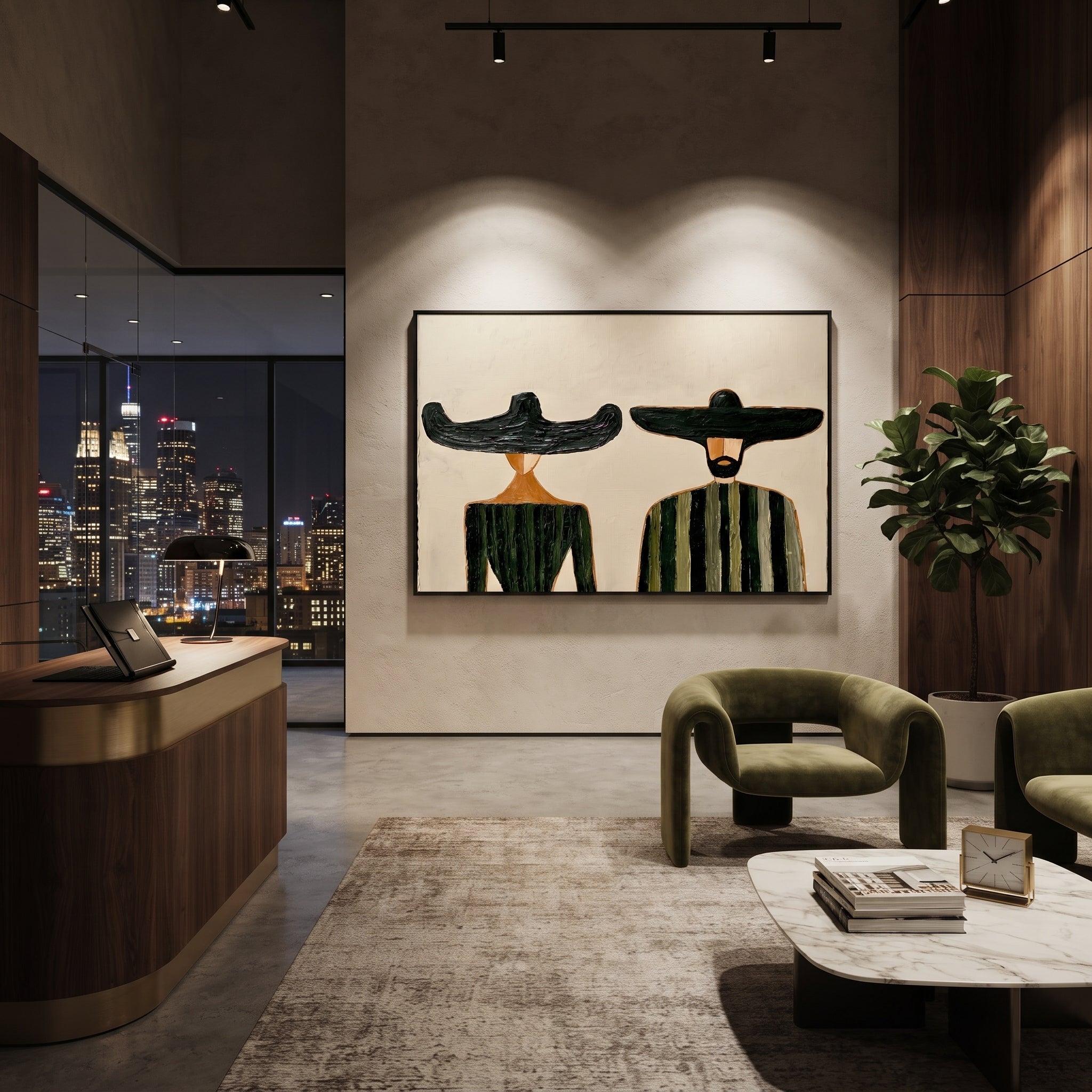 Black Brims Meet Green - green striped figure pair painting by Elliot Vale, modern figurative horizontal wall art - styled room scene view 3