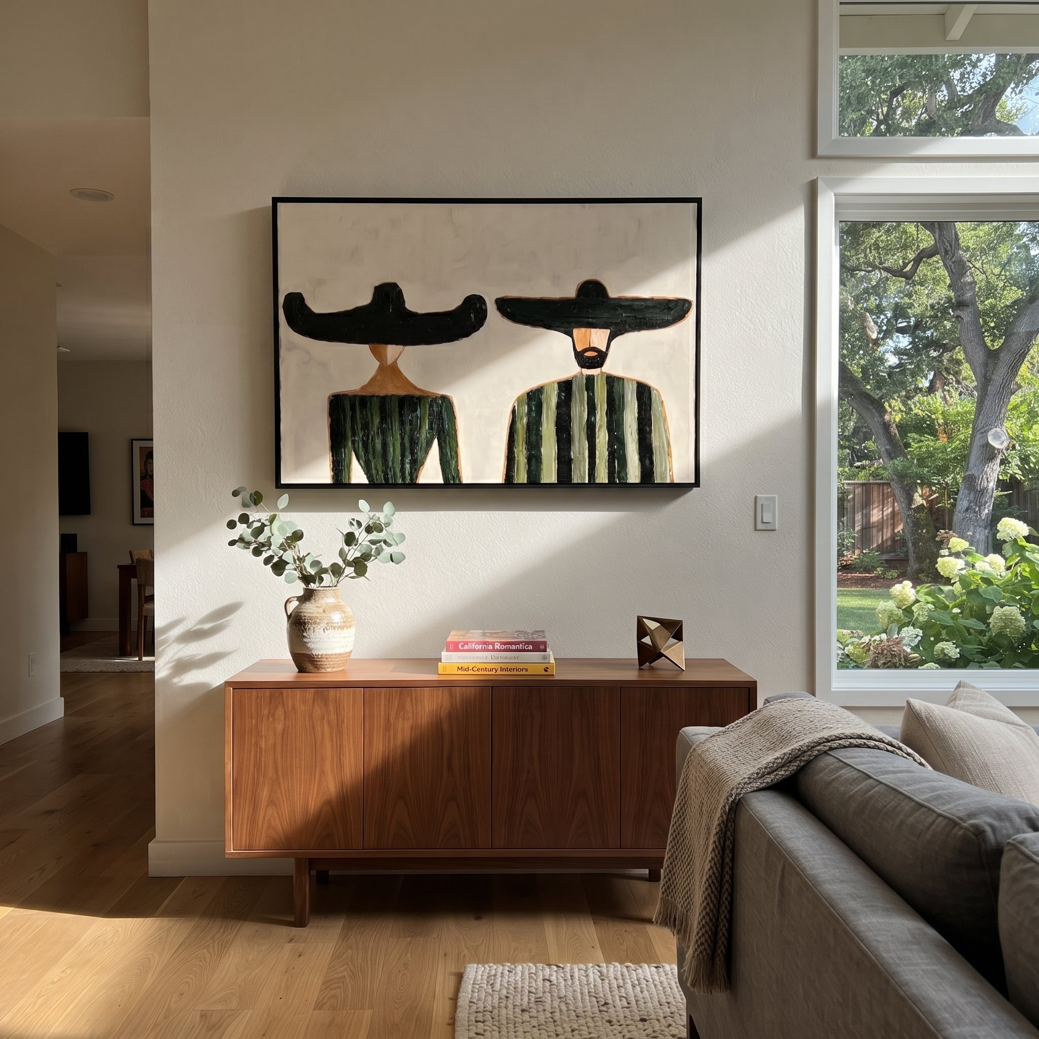 Black Brims Meet Green - green striped figure pair painting by Elliot Vale, modern figurative horizontal wall art - styled room scene view 4