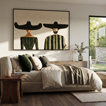 Black Brims Meet Green - green striped figure pair painting by Elliot Vale, modern figurative horizontal wall art - styled room scene view 5